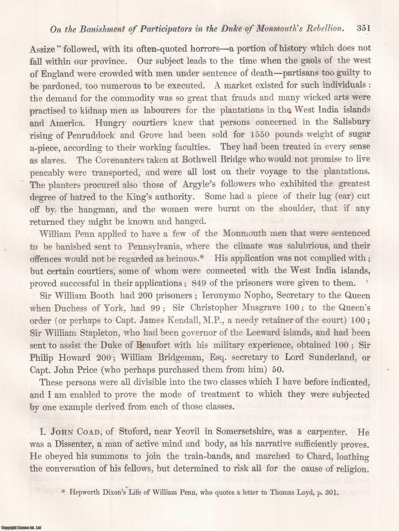 George Roberts, Esq. - Memoir on the Practice of Banishment, as it obtained in the Reign of James II. among those who were sentenced to death for their Participation in the Rebellion of the Duke of Monmouth. An uncommon original article from the journal Archaeologia, 1852.
