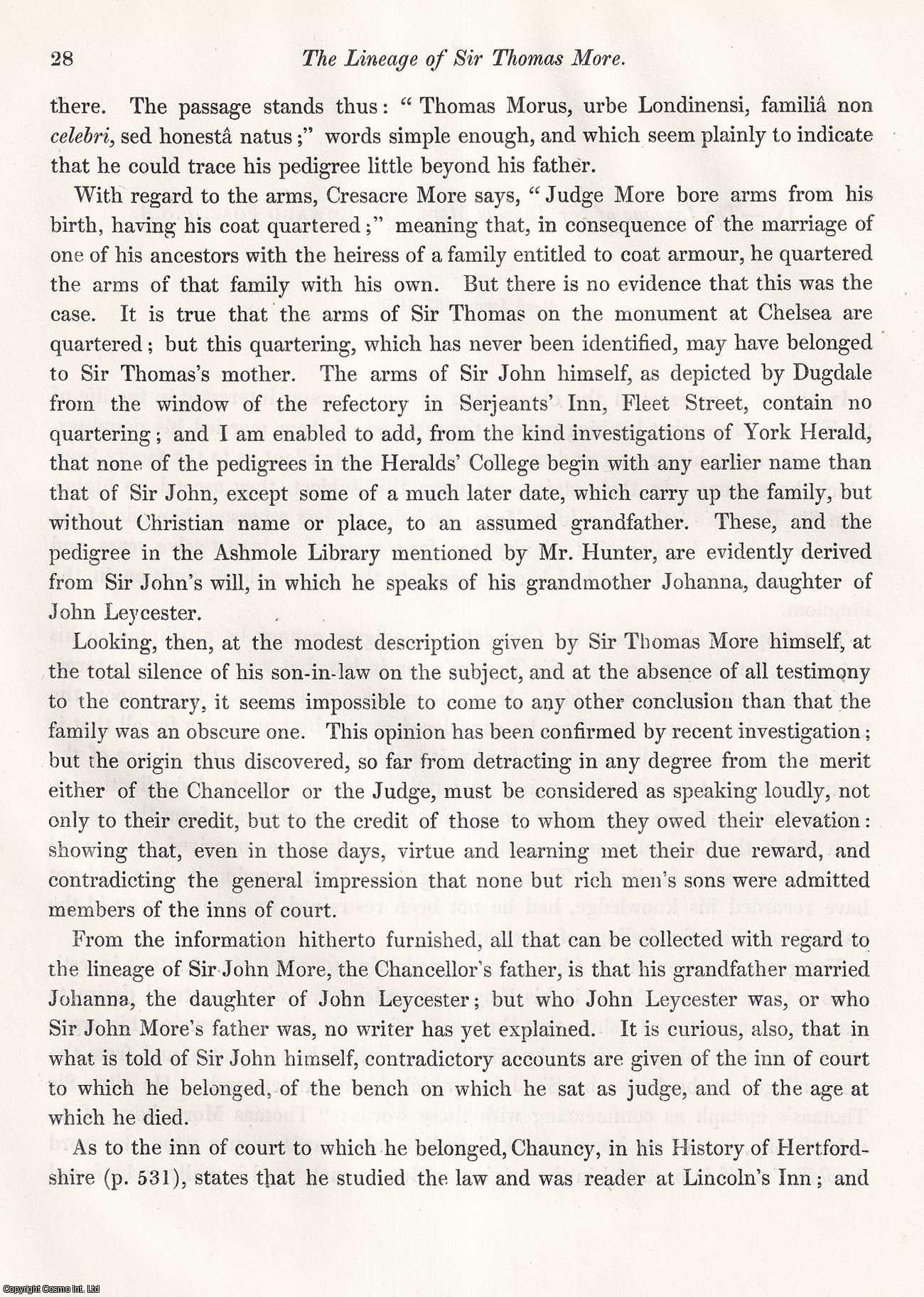 Edward Foss, F.S.A. - The Lineage of Sir Thomas More. An uncommon original article from the journal Archaeologia, 1853.