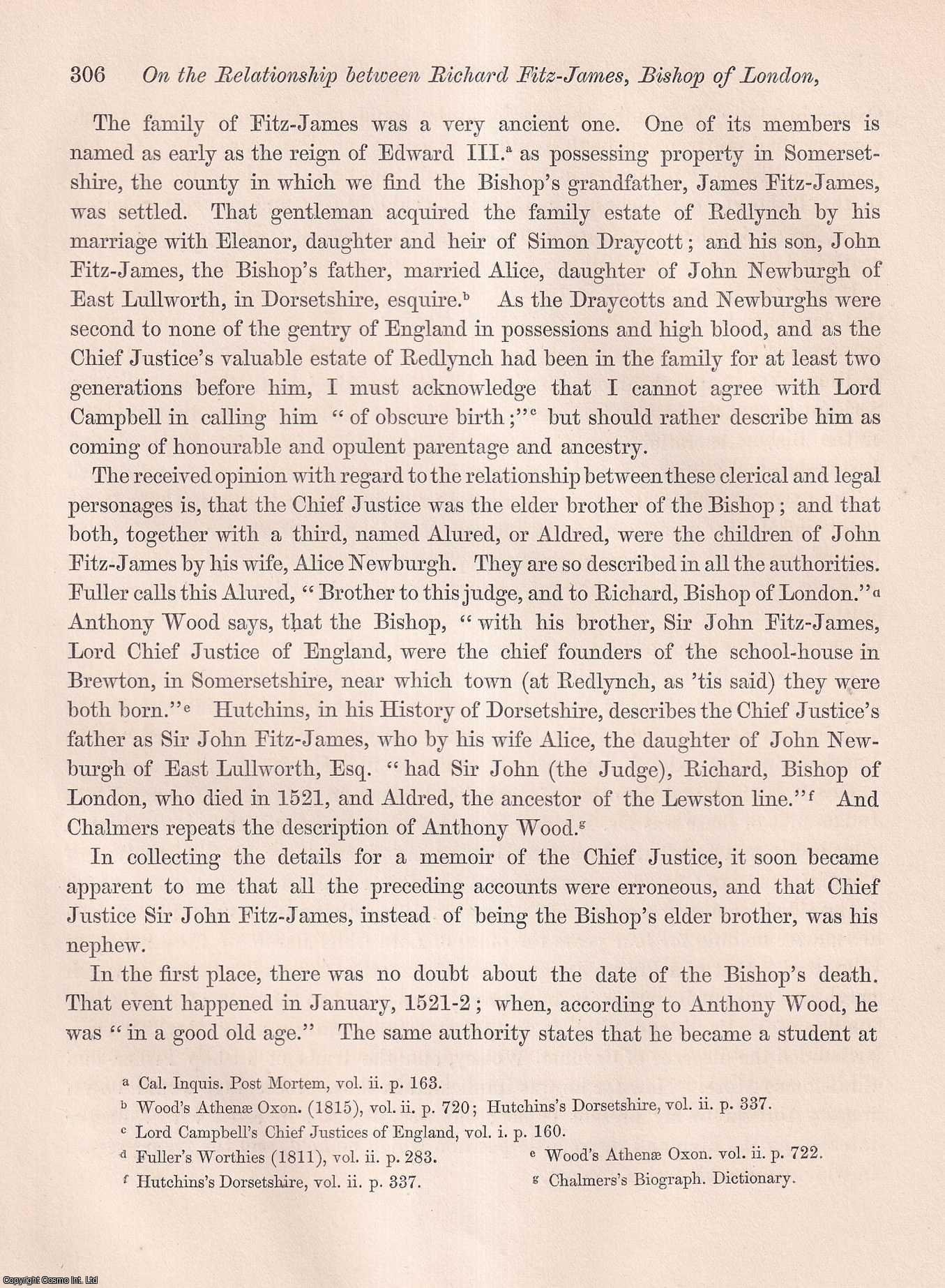 Edward Foss, Esq., F.S.A. - On the Relationship between Richard Fitz-James, Bishop of London, and Lord Chief Justice Sir John Fitz-James. An uncommon original article from the journal Archaeologia, 1853.
