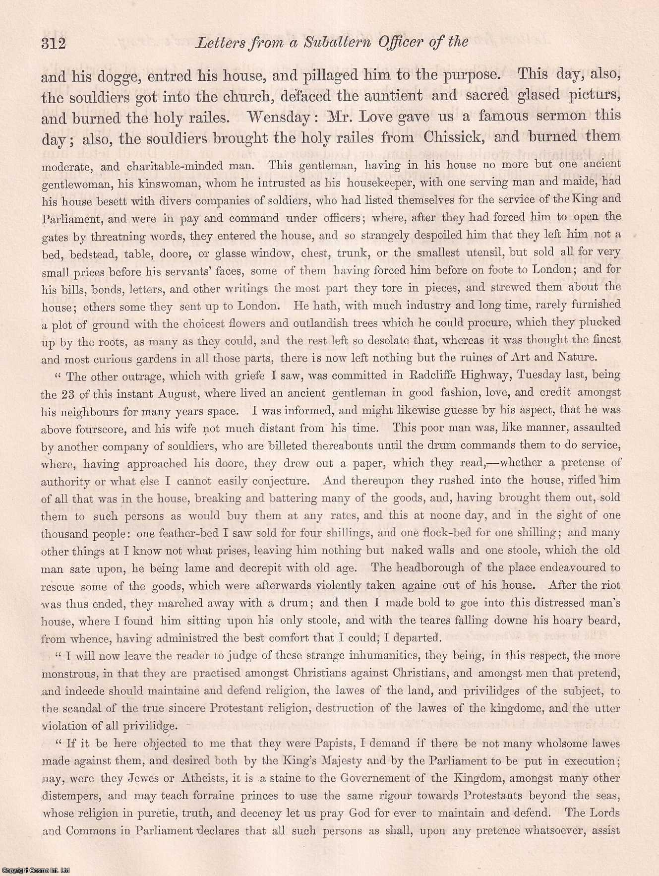 ---. - Letters from a Subaltern Officer of the Earl of Essex's Army, written in the Summer and Autumn of 1642; detailing the early movements of that portion of the Parliament Forces which was formed by the Volunteers of the Metropolis. A rare original article from the journal Archaeologia, 1853.