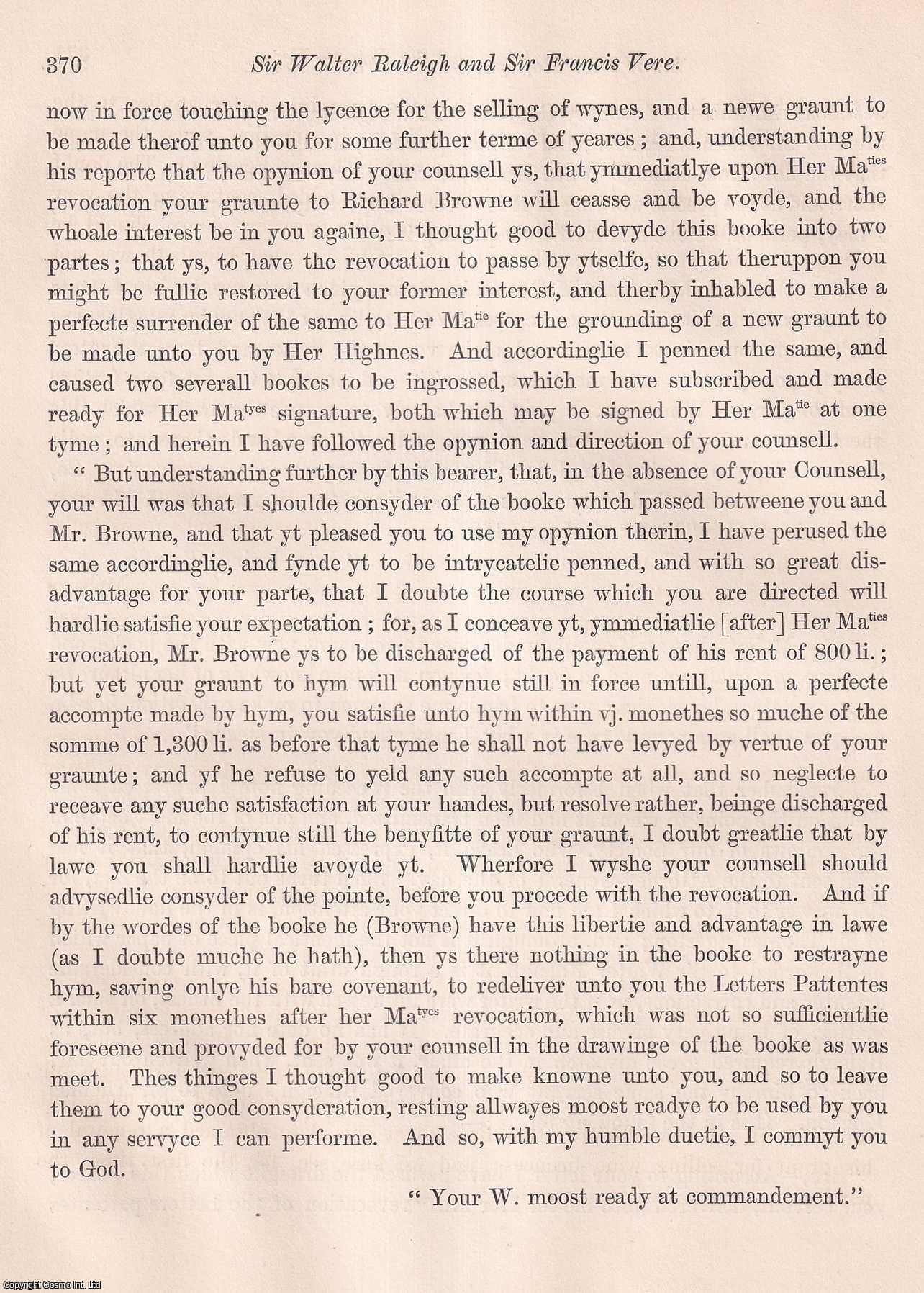 J. Payne Collier, Esq., V.P. - Sir Walter Raleigh and Sir Francis Vere. An uncommon original article from the journal Archaeologia, 1853.