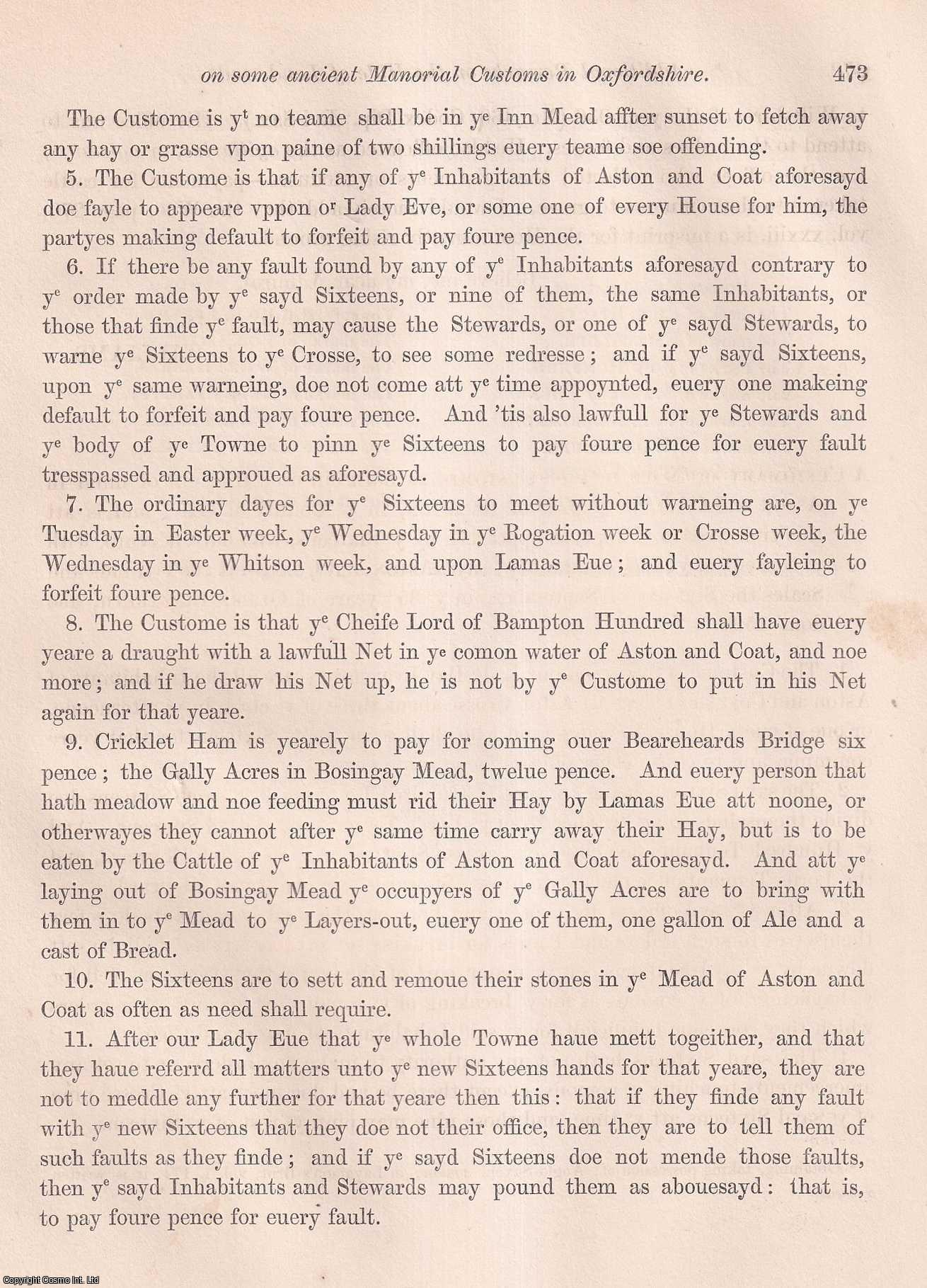 Benjamin Williams, Esq. - Additional Remarks on the Hide of Land, and on some Ancient Manorial Customs in Oxfordshire. An uncommon original article from the journal Archaeologia, 1853.