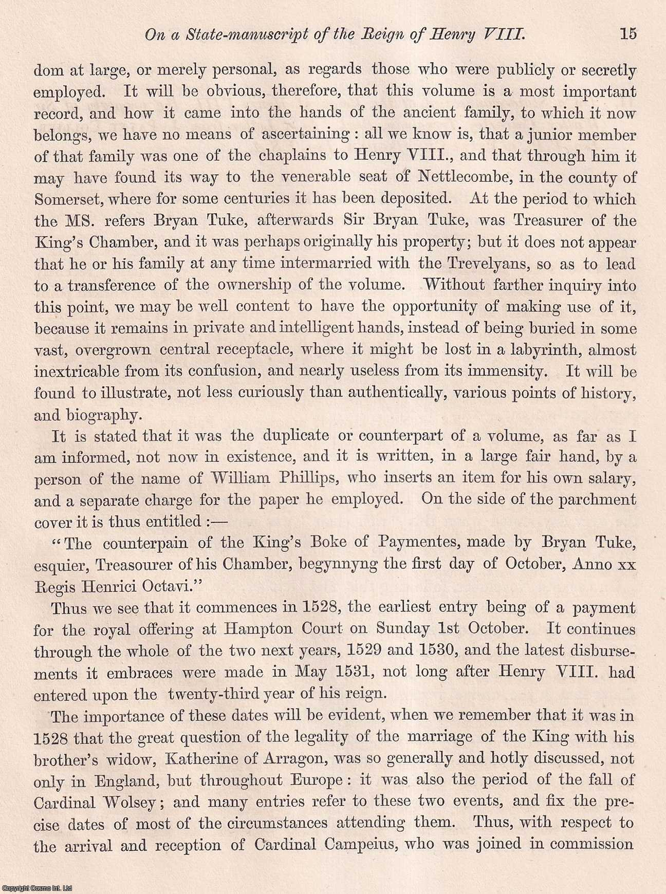 J. Payne Collier, Esq., V.P. - On a State-manuscript of the Reign of Henry VIII., the property of Sir Walter Calverley Trevelyan, Bart. An uncommon original article from the journal Archaeologia, 1855.