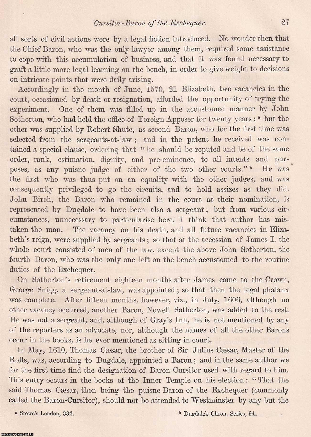 EDWARD FOSS, ESQ., F.S.A. - On the Origin of the Title and Office of Cursitor-Baron of the Exchequer. A rare original article from the journal Archaeologia, 1855.