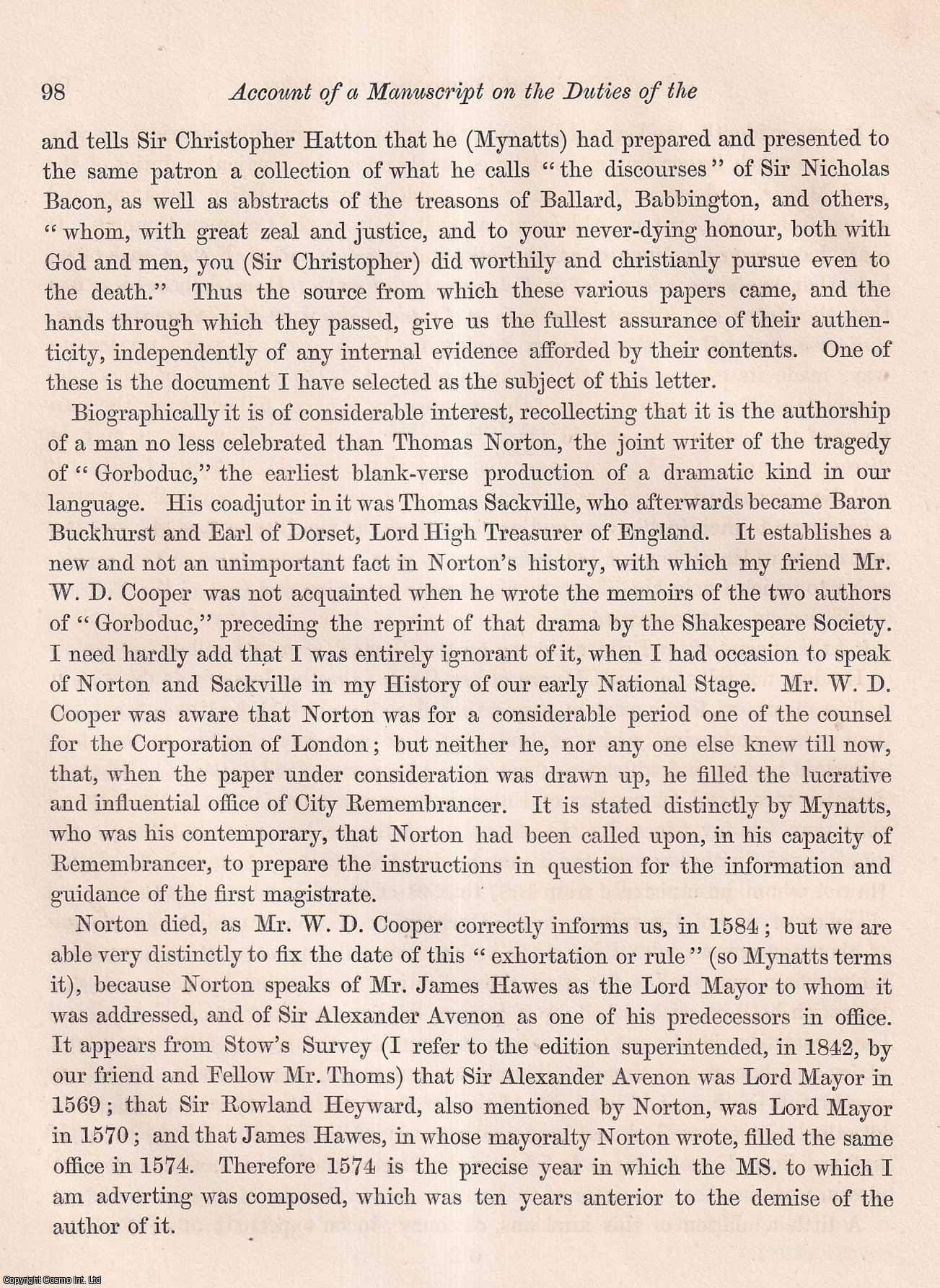 J. Payne Collier, Esq. - Account of a Manuscript, by Thomas Norton, Member of Parliament for, and Remembrancer to, the City of London, relating to the ancient Duties of the Lord Mayor and Corporation. An uncommon original article from the journal Archaeologia, 1855.