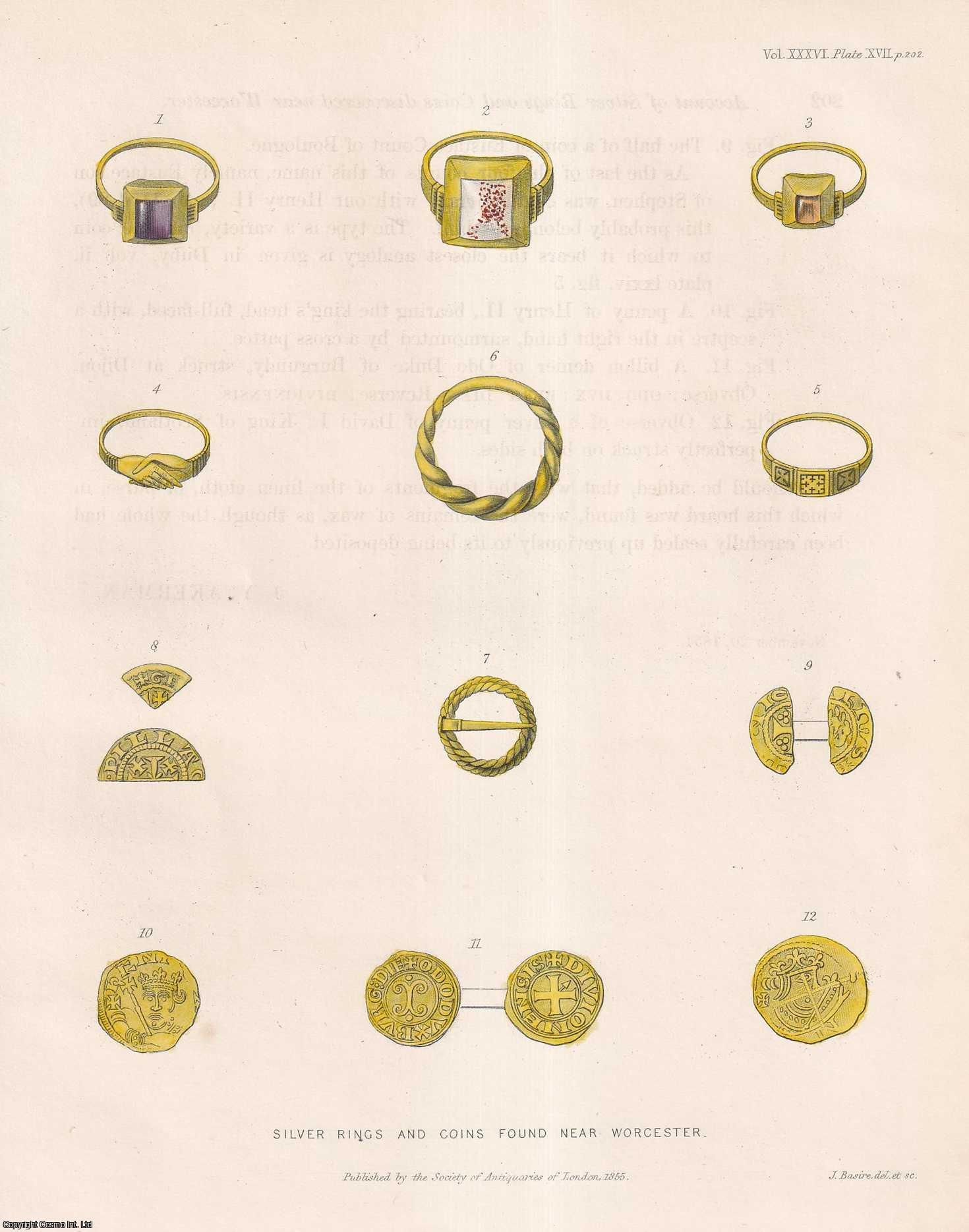 John Yonge Akerman - Account of Silver Rings and Coins discovered near Worcester. An uncommon original article from the journal Archaeologia, 1855.
