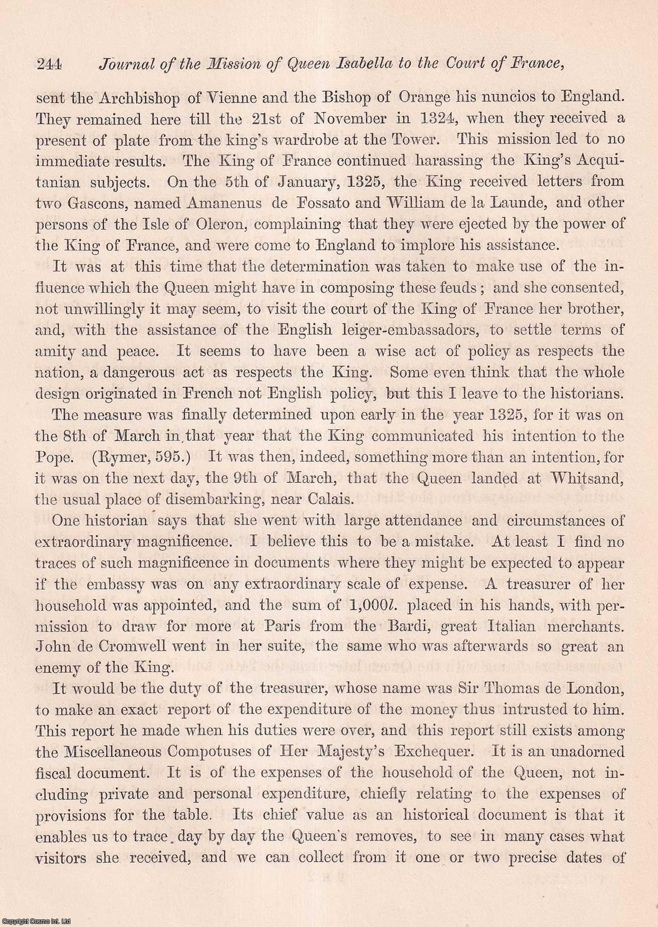Joseph Hunter - Journal of the Mission of Queen Isabella to the Court of France, and of her long residence in that country. An uncommon original article from the journal Archaeologia, 1855.