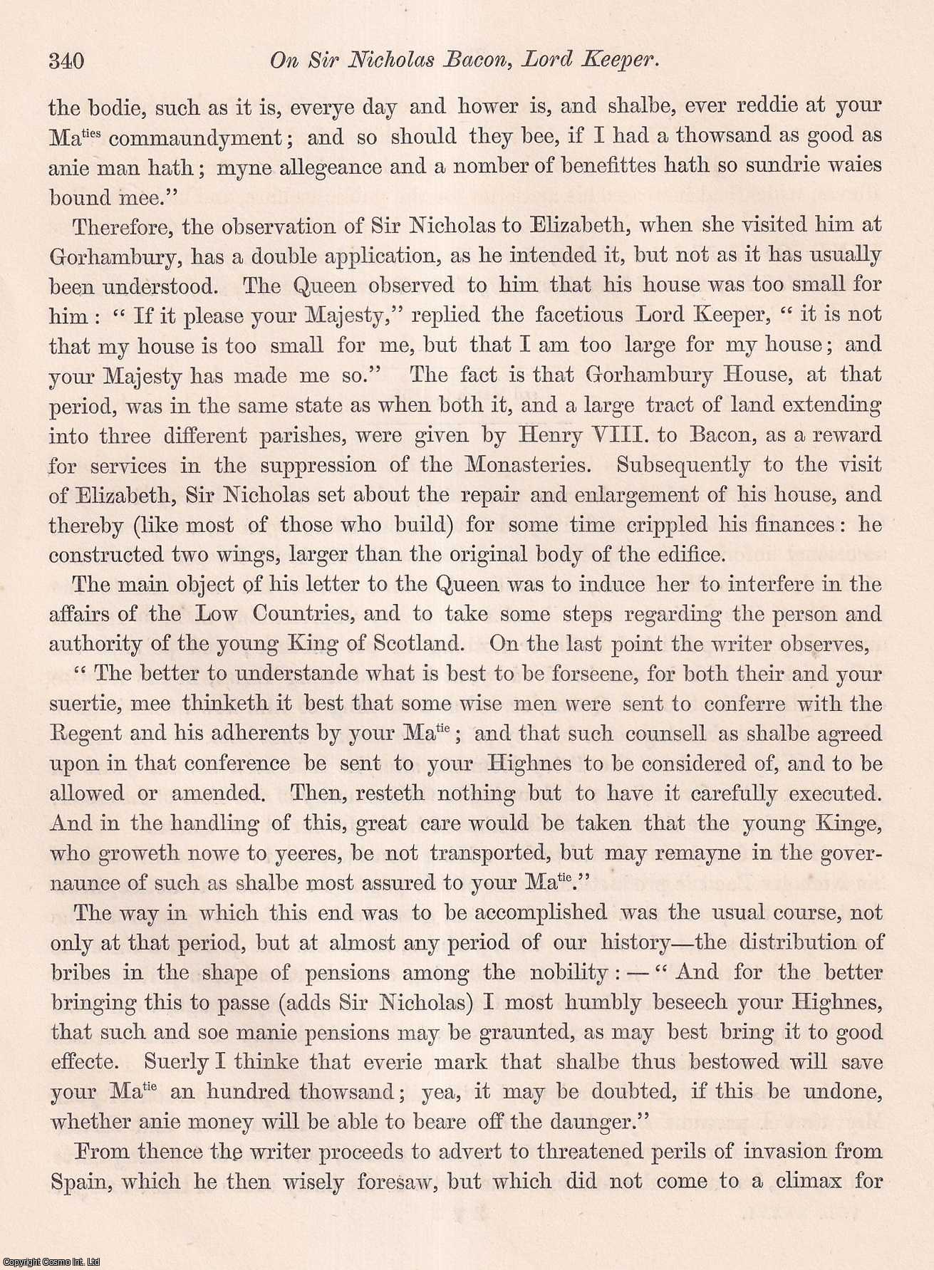 John Payne Collier, Esq., V.P.S.A. - On Sir Nicholas Bacon, Lord Keeper; with extracts from some of his unprinted Papers and Speeches. An uncommon original article from the journal Archaeologia, 1855.