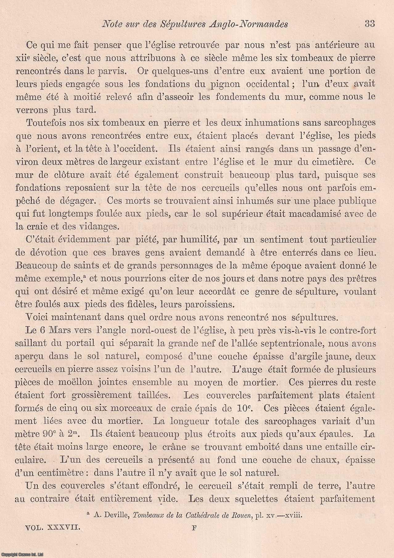 M. L'Abbe Cochet - Note sur des Sepultures Anglo-Normandes trouvees a Bouteilles, pres Dieppe, en Mars, 1856. An uncommon original article from the journal Archaeologia, 1857.