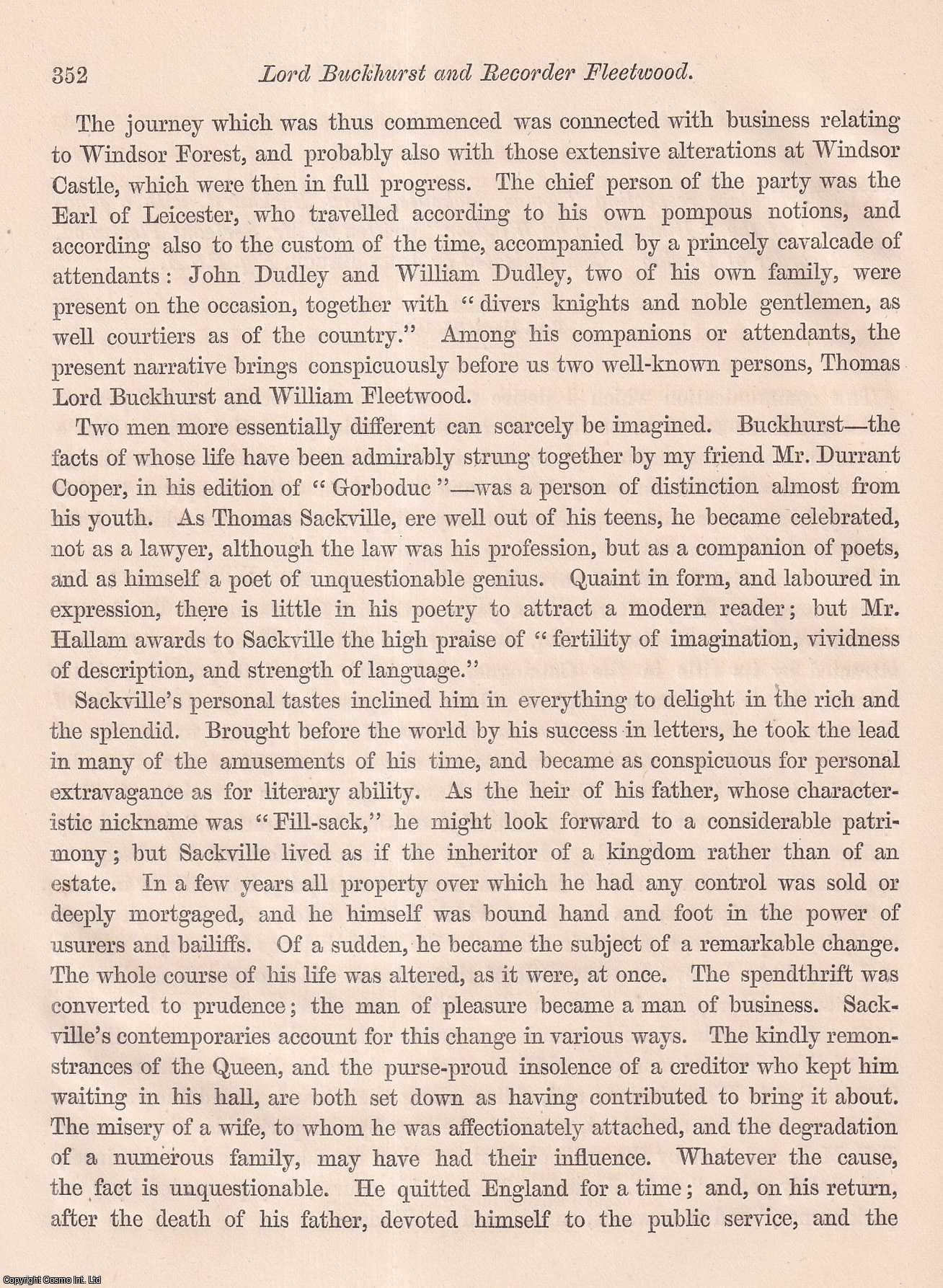 Mr. Serjeant Fleetwood - Particulars respecting Thomas Sackville, Lord Buckhurst, with a fragment of theItinerarium ad Windsor. An uncommon original article from the journal Archaeologia, 1857.