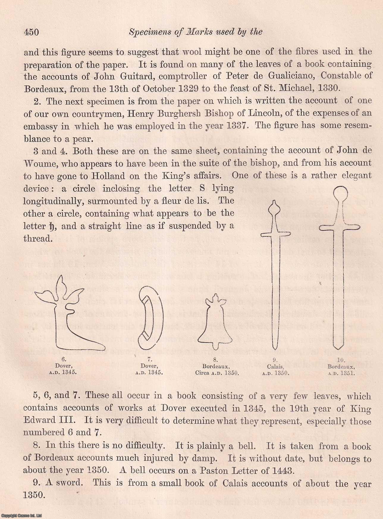 JOSEPH HUNTER - Specimens of Marks used by the early Manufactures of Paper, as exhibited in Documents in the Public Archives of England. A rare original article from the journal Archaeologia, 1857.