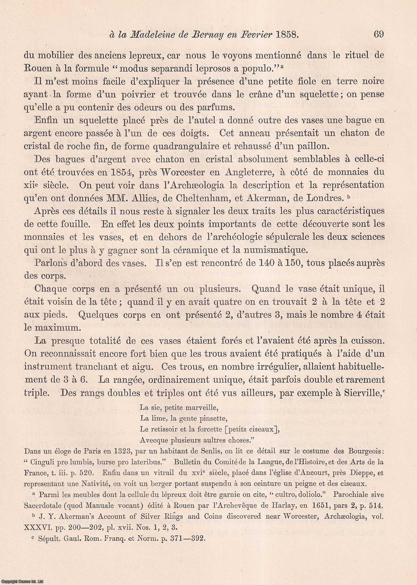 l'Abbe Cochet, Hon. F.S.A. - Note sur les Fouilles executees a la Madeleine de Bernay (Normandie) en Fevrier 1858. An uncommon original article from the journal Archaeologia, 1860.