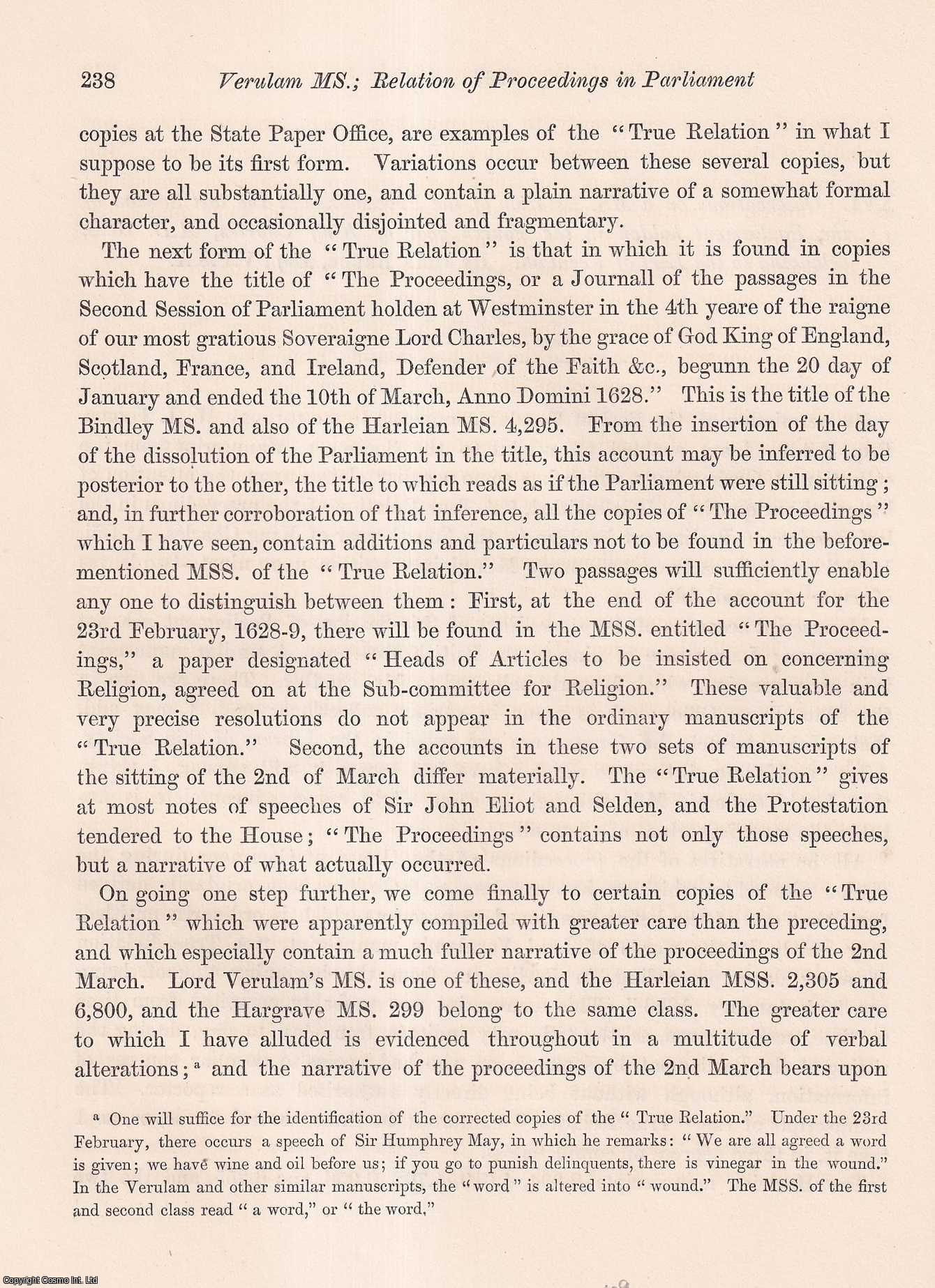 JOHN BRUCE, ESQ., V.P.S.A. - Observations on a MS. Relation of the Proceedings of the last Session of the Parliament holden in the Fourth year of King Charles, A.D. 1628, belonging to the Earl of Verulam. A rare original article from the journal Archaeologia, 1860.