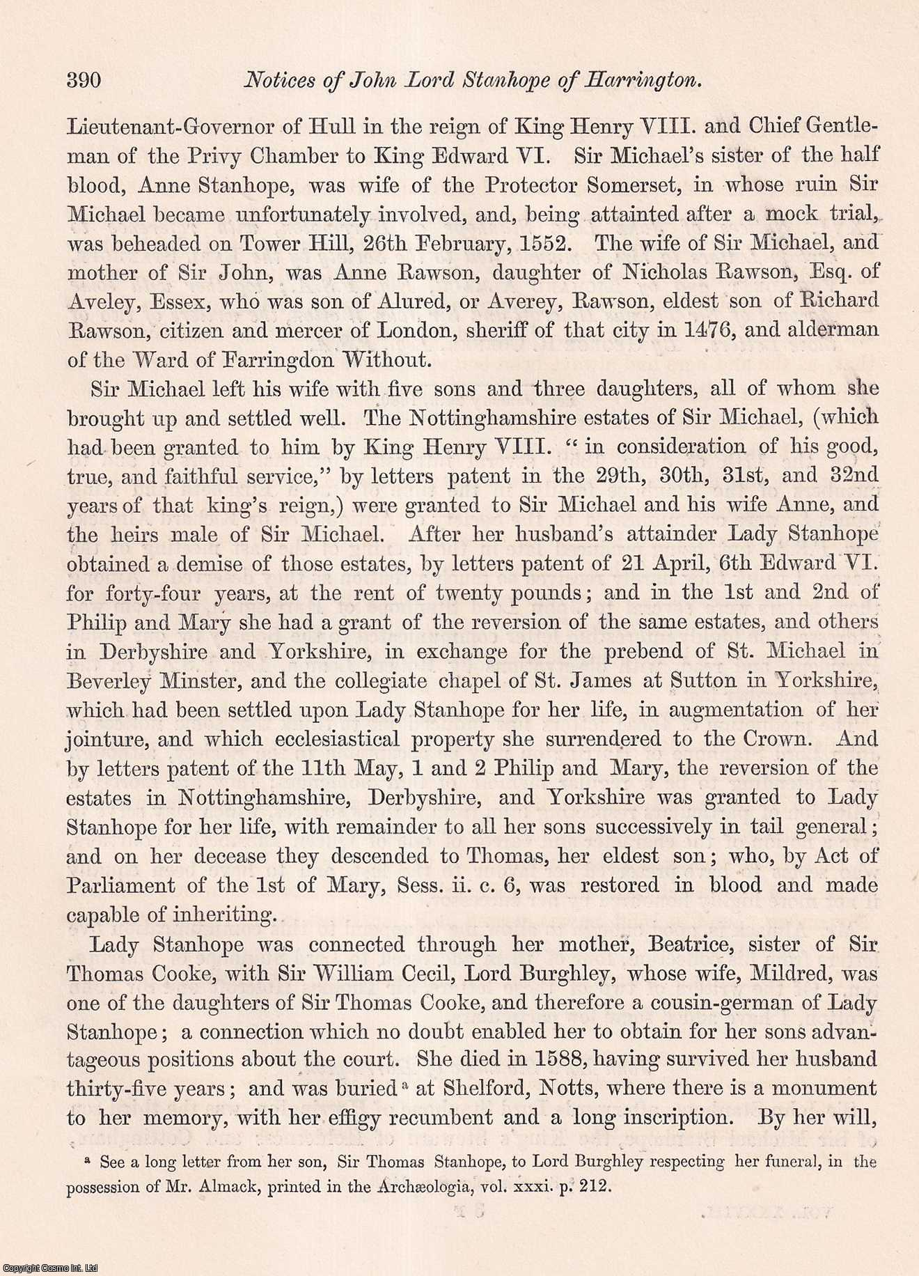 George R. Corner, Esq., F.S.A. - Notices of John Lord Stanhope...with reference to certain Letters to him...together with some Account of Sir Thomas Holcroft and Sir John Wotton, the writers of two of those Letters. An uncommon original article from the journal Archaeologia, 1860.