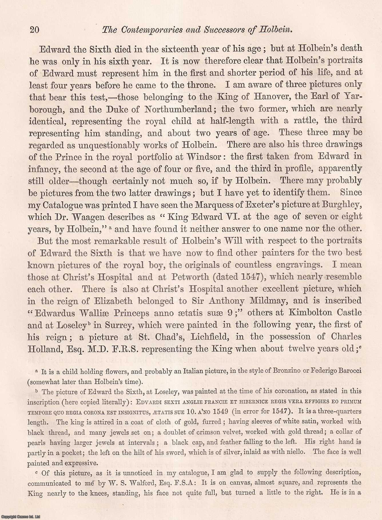 JOHN GOUGH NICHOLS, ESQ., F.S.A. - Notices of the Contemporaries and Successors of Holbein. Addressed to Augustus J. Franks, Esq. Director. A rare original article from the journal Archaeologia, 1863.