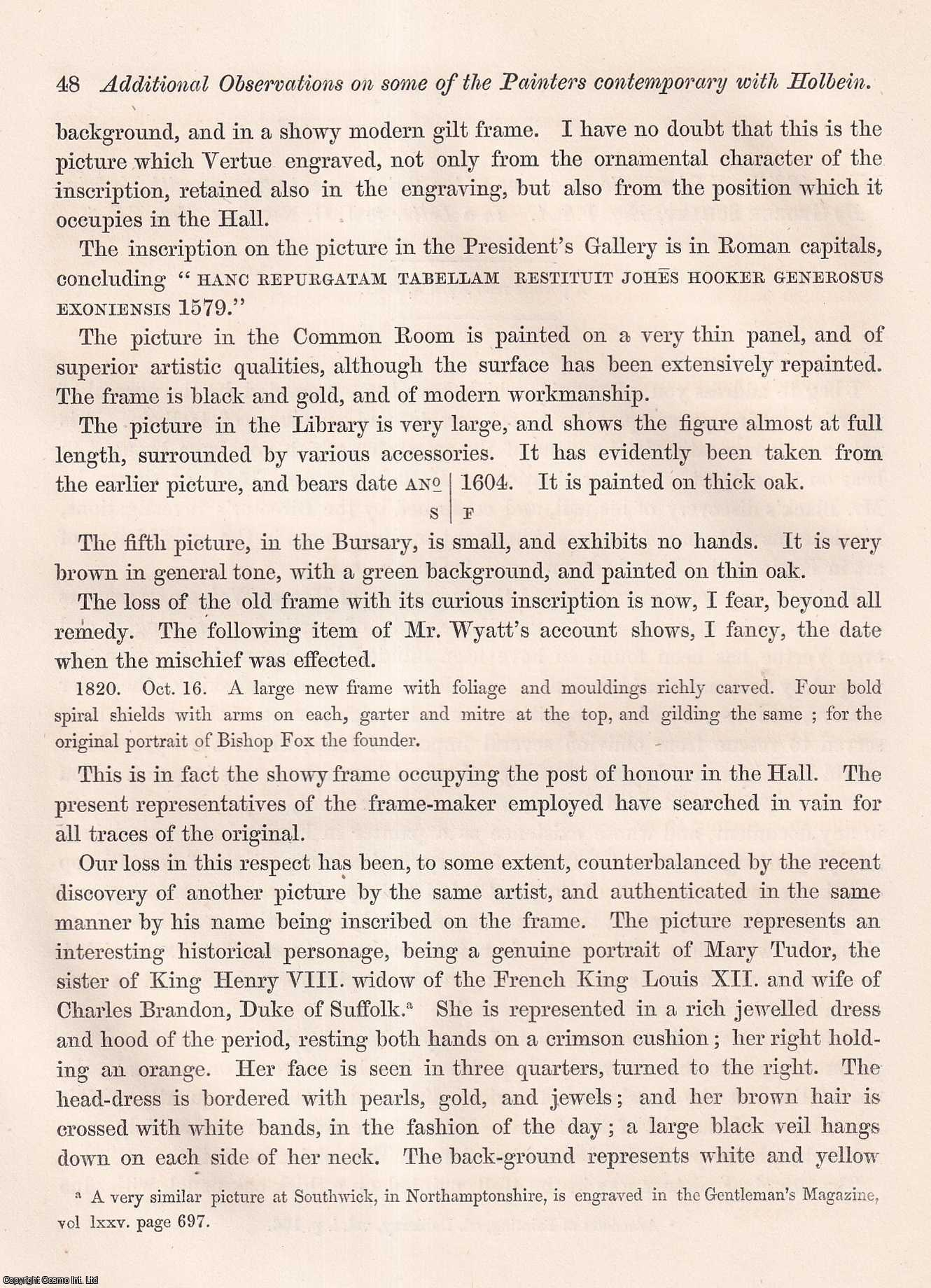 GEORGE SCHARF, ESQ., F.S.A. - Additional Observations on some of the Painters contemporary with Holbein. In a Letter to J.G. Nichols, Esq. F.S.A. A rare original article from the journal Archaeologia, 1863.