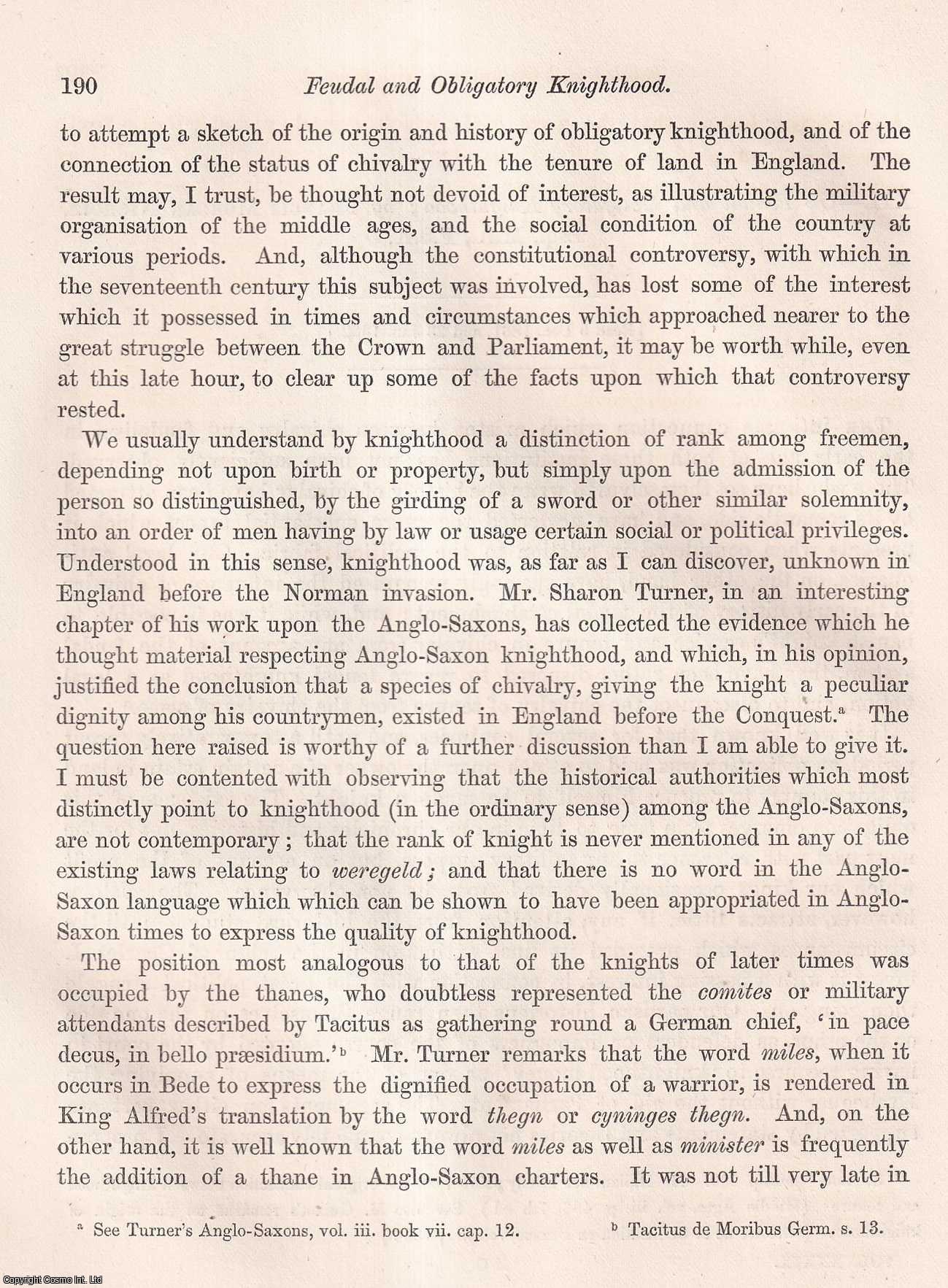 Francis Morgan Nichols, Esq., M.A., F.S.A. - On the Feudal and Obligatory Knighthood. An uncommon original article from the journal Archaeologia, 1863.