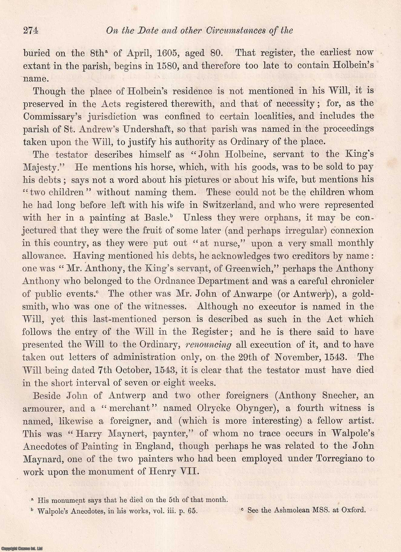 W.H. BLACK, ESQ., F.S.A. - On the Date and other Circumstances of the Death of the Painter Hans Holbein, as disclosed by the discovery of his Will. A rare original article from the journal Archaeologia, 1863.