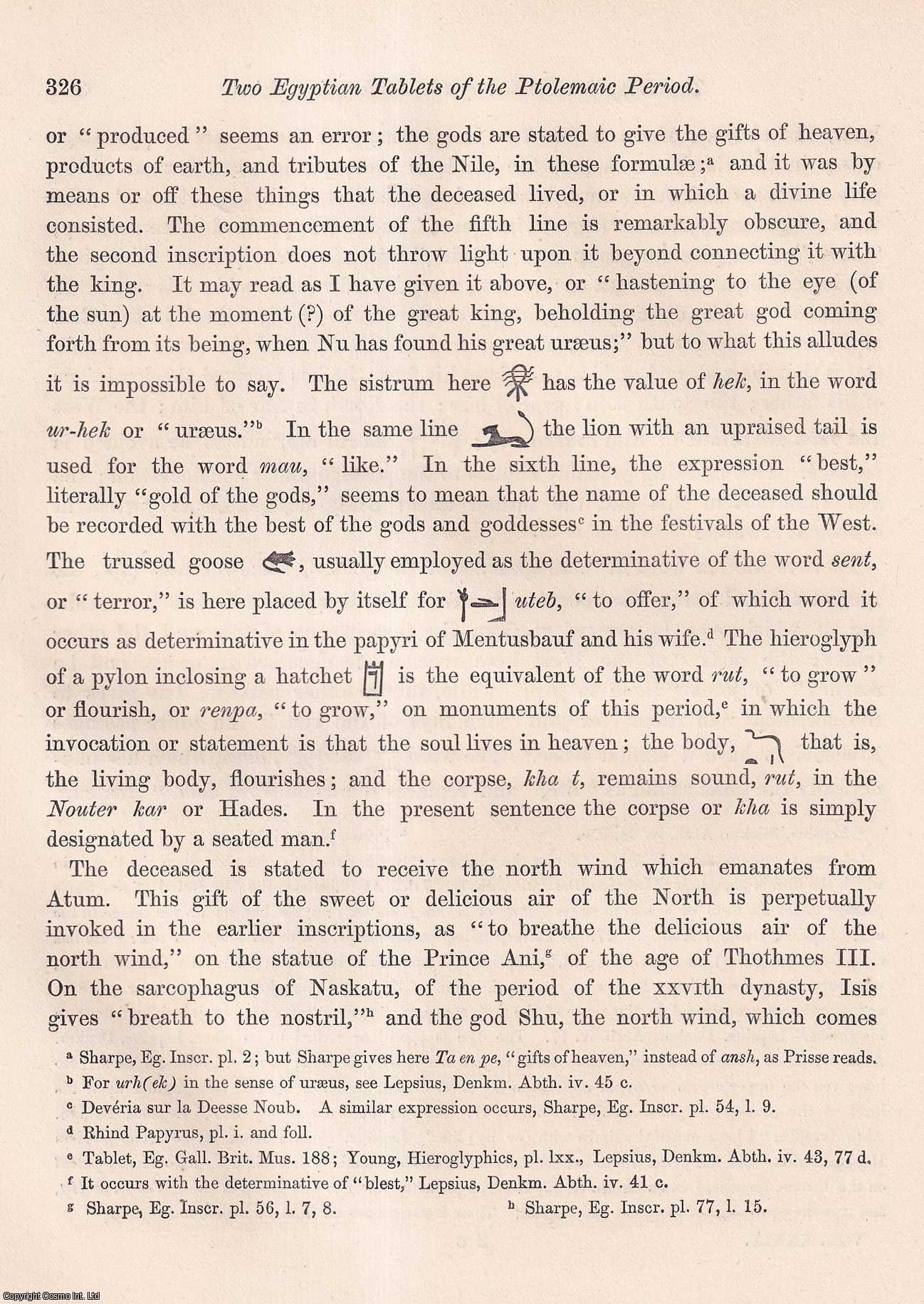 Samuel Birch Esq., LL.D., F.S.A. - On Two Egyptian Tablets of the Ptolemaic Period. An uncommon original article from the journal Archaeologia, 1863.