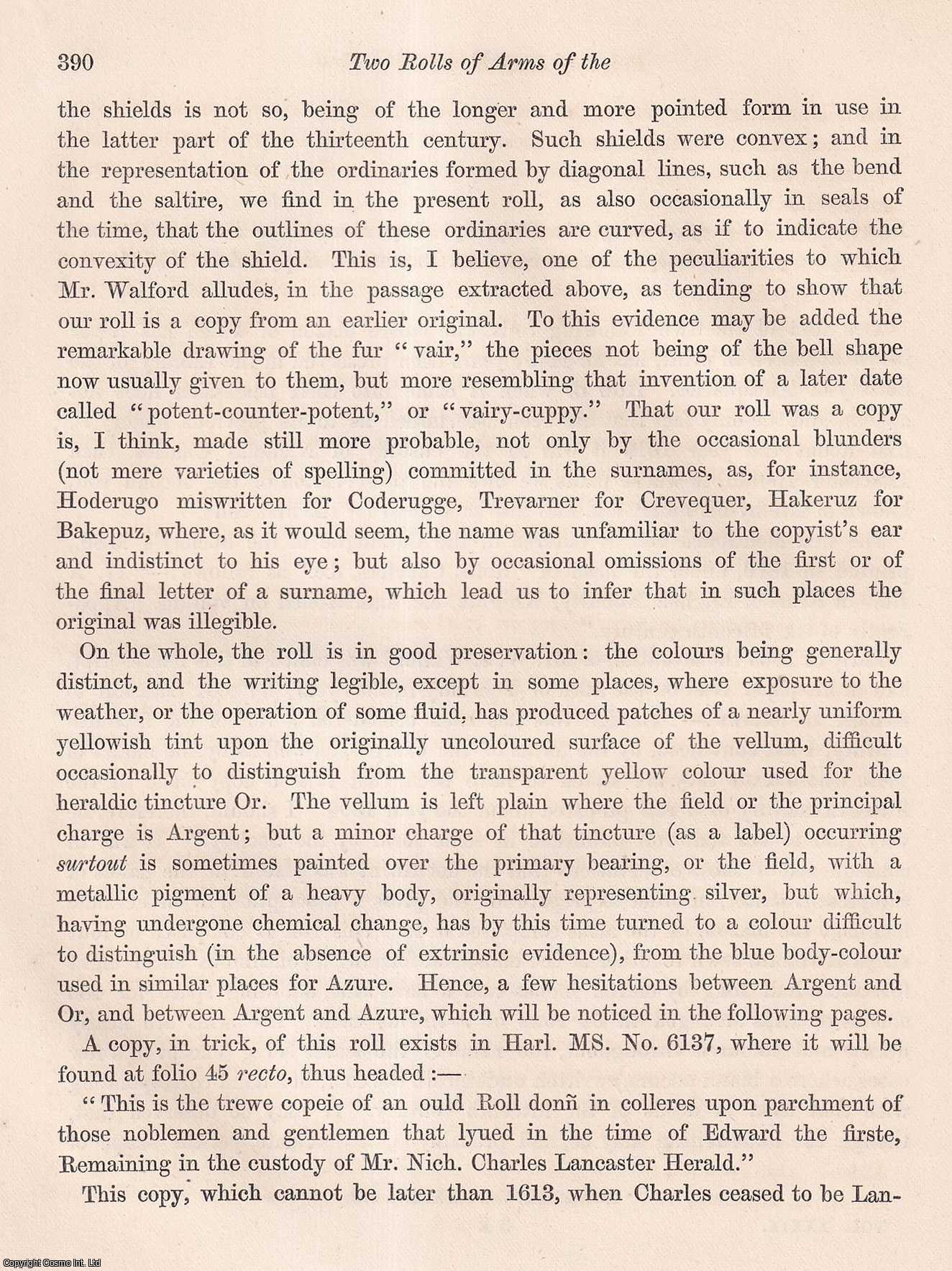 No Author Stated - Two Rolls of Arms of the Reign of King Edward the First; with some Prefatory Remarks by Charles Spencer Perceval, Esq., LL.D., F.S.A. An uncommon original article from the journal Archaeologia, 1863.