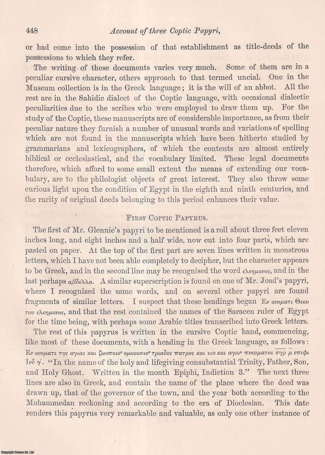 Charles Wycliffe Goodwin, Esq., M.A. - Account of three Coptic Papyri, and other Manuscripts, brought from the East by J.S. Stuart Glennie, Esq. An uncommon original article from the journal Archaeologia, 1863.