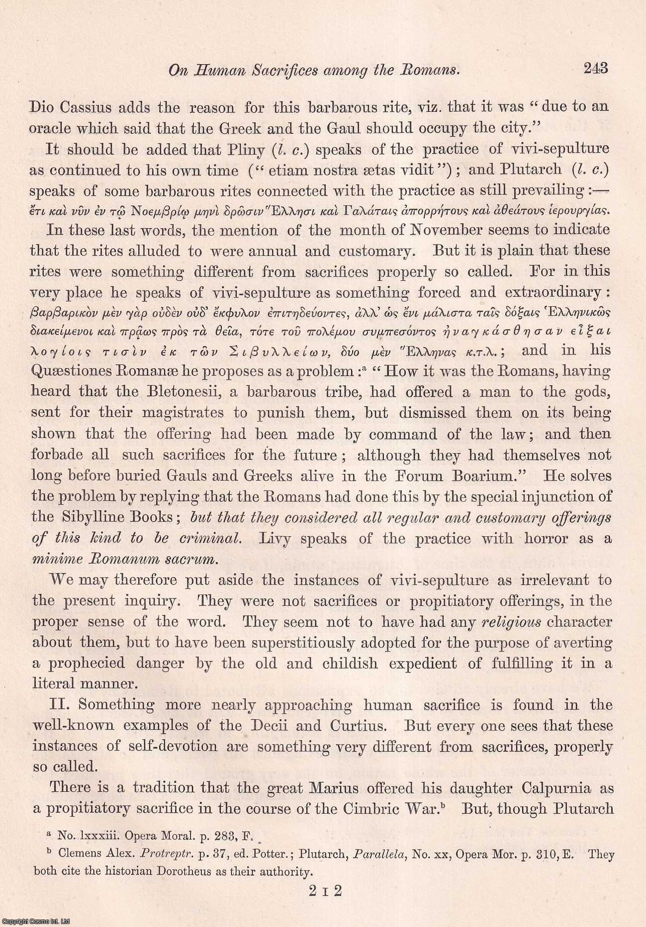 Very Rev. Henry George Liddell, D.D. - Notes on Human Sacrifices among the Romans. An uncommon original article from the journal Archaeologia, 1866.