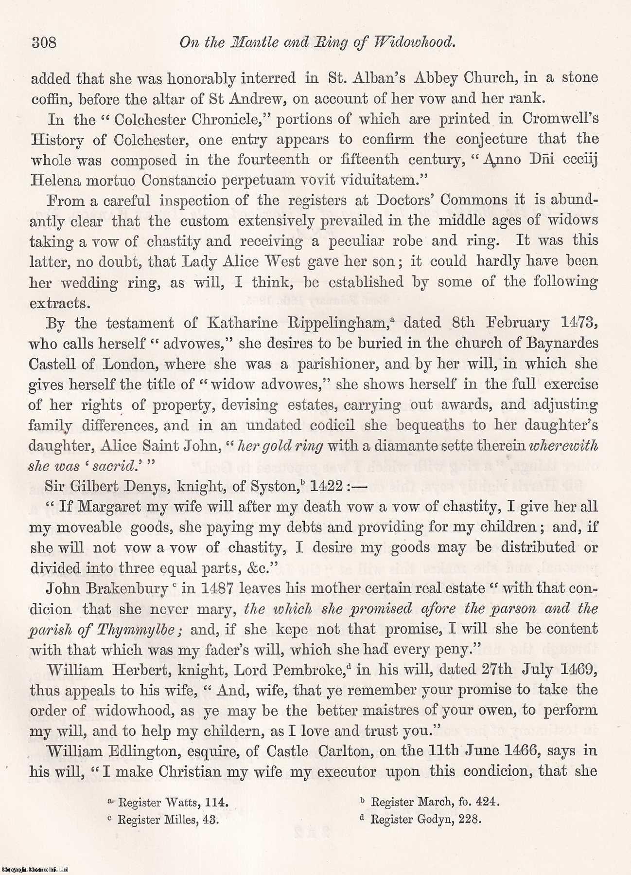 Henry Harrod, Esq., F.S.A. - On the Mantle and the Ring of Widowhood. An uncommon original article from the journal Archaeologia, 1866.