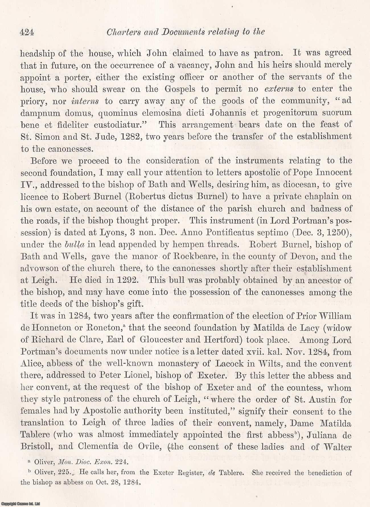 Charles Spencer Perceval, Esq., LL.D., F.S.A. - Early Charters and Documents relating to the Priory of Austin Canons and Abbey of Austin Canonesses at Canonsleigh, in the County of Devon. An uncommon original article from the journal Archaeologia, 1866.