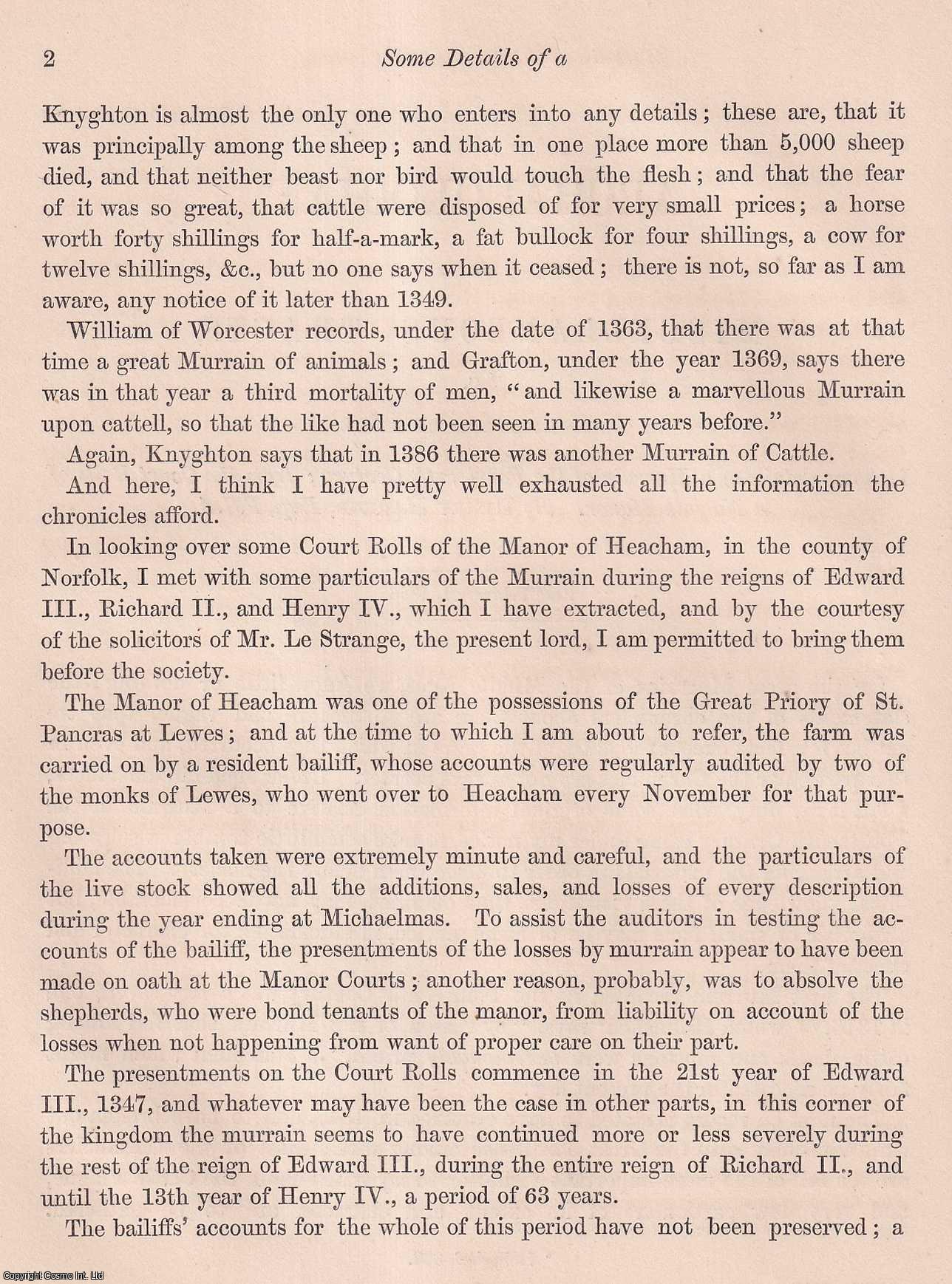 Henry Harrod, Esq, F.S.A. - Some details of a Murrain of the Fourteenth Century; from the Court Rolls of a Norfolk Manor. An uncommon original article from the journal Archaeologia, 1867.