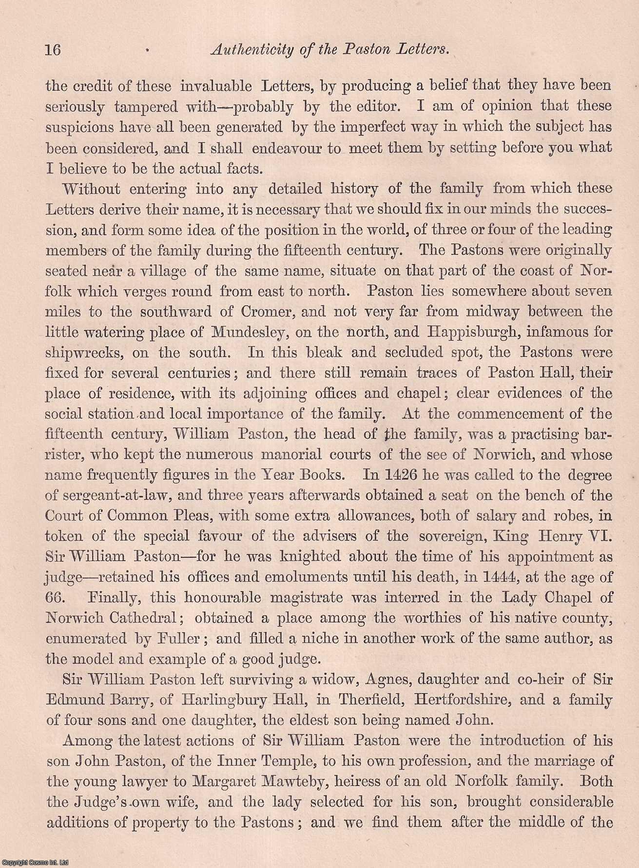 John Bruce, Esq., F.S.A. - The Authenticity of the Paston Letters. An uncommon original article from the journal Archaeologia, 1867.