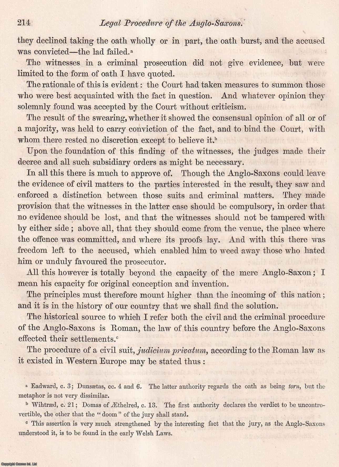 Henry Charles Coote, Esq., F.S.A. - On the Legal Procedure of the Anglo-Saxons. An uncommon original article from the journal Archaeologia, 1867.