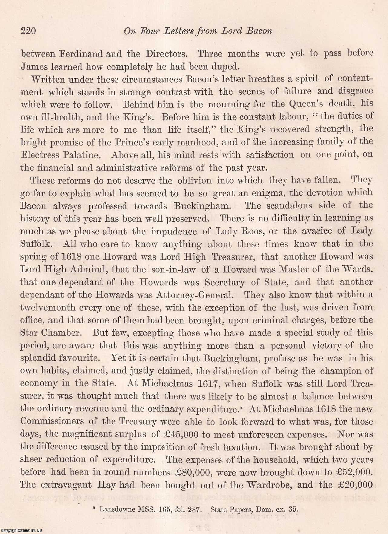 Samuel Rawson Gardiner - On Four Letters from Lord Bacon to Christian IV. King of Denmark, together with Observations on the part taken by him in the Grants of Monopolies made by James I. An uncommon original article from the journal Archaeologia, 1867.