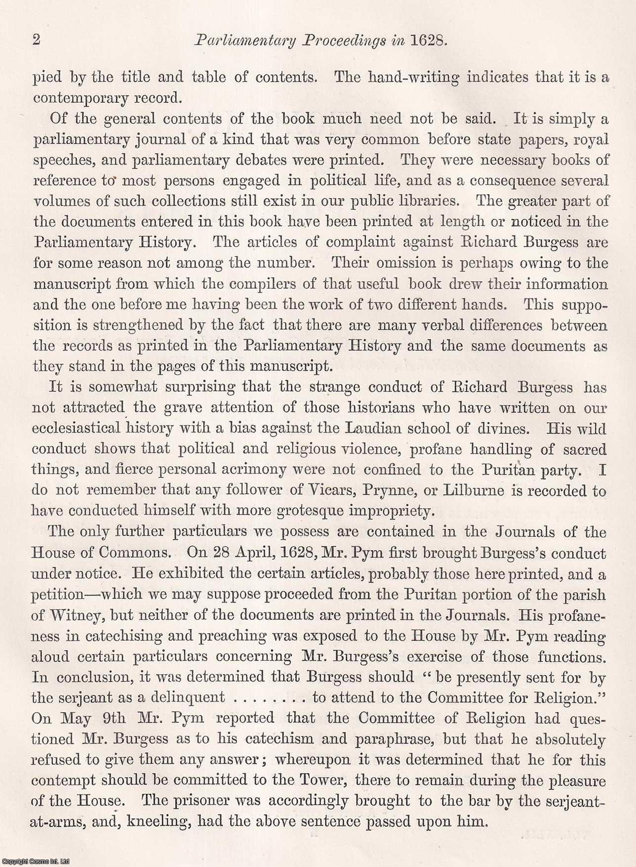 EDWARD PEACOCK, ESQ., F.S.A. - Parliamentary Proceedings in 1628. A rare original article from the journal Archaeologia, 1869.
