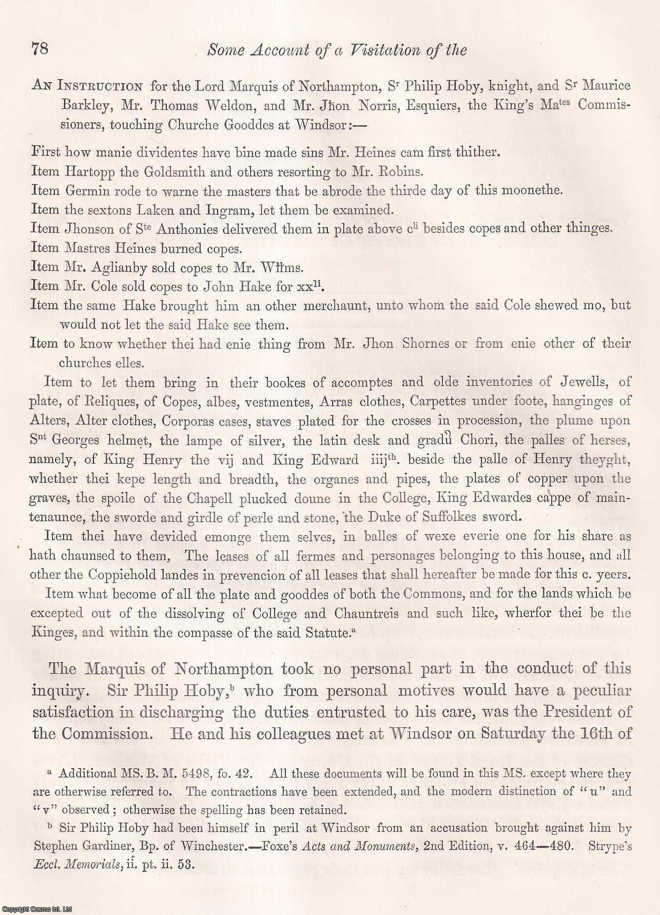 Rev. George Fyler Townsend, M.A. - A Visitation of the Royal Chapel of St. George at Windsor, in 1552. An uncommon original article from the journal Archaeologia, 1869.