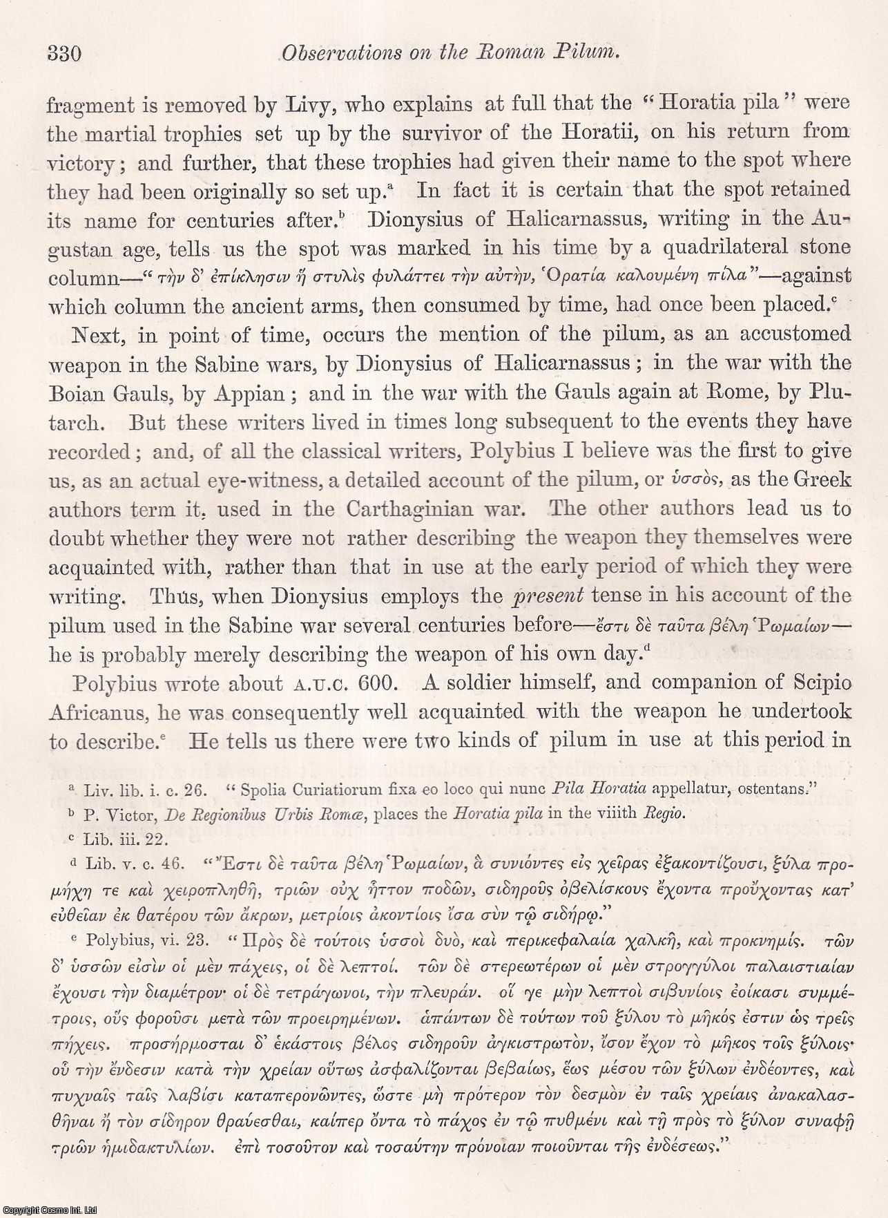 WILLIAM MICHAEL WYLIE, ESQ., M.A., F.S.A. - Observations on the Roman Pilum. A rare original article from the journal Archaeologia, 1869.