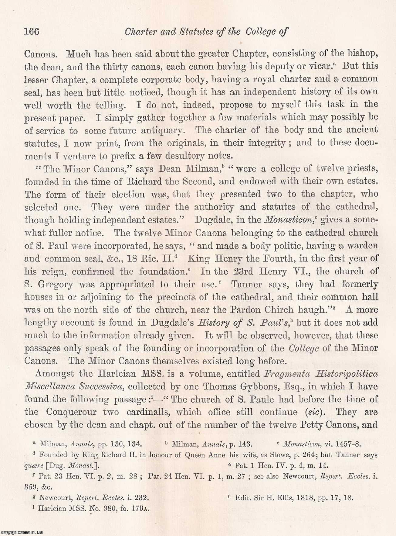 REV. W. SPARROW SIMPSON, M.A., F.S.A. - The Charter and Statutes of the College of the Minor Canons in St. Paul's Cathedral, London. A rare original article from the journal Archaeologia, 1871.