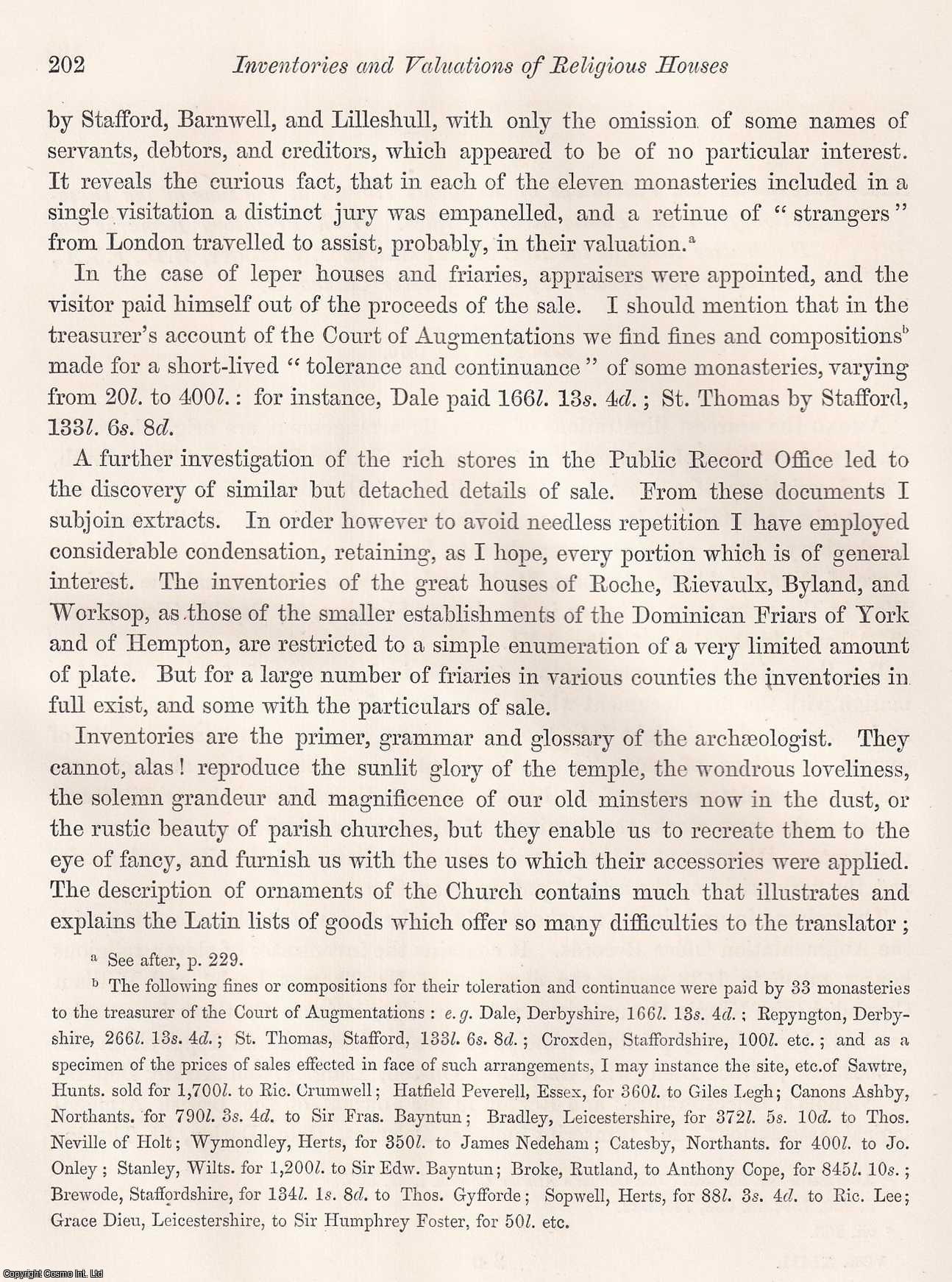 ---. - Inventories and Valuations of Religious Houses at the time of the Dissolution, from the Public Record Office. With Prefaratory Remarks and Illustrative Notes by the Rev. Mackenzie E.C. Walcott, B.D., F.S.A. A rare original article from the journal Archaeologia, 1871.