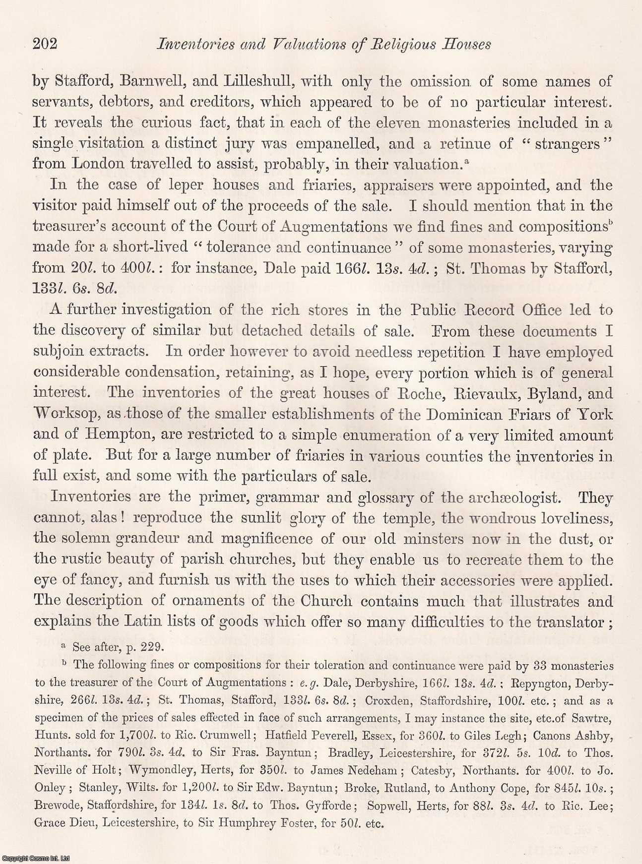 No Author Stated - 1871. Inventories and Valuations of Religious Houses at the time of the Dissolution, from the Public Record Office. With Prefaratory Remarks and Illustrative Notes by the Rev. Mackenzie E.C. Walcott, B.D., F.S.A. An uncommon original article from the journal Archaeologia, 1871.