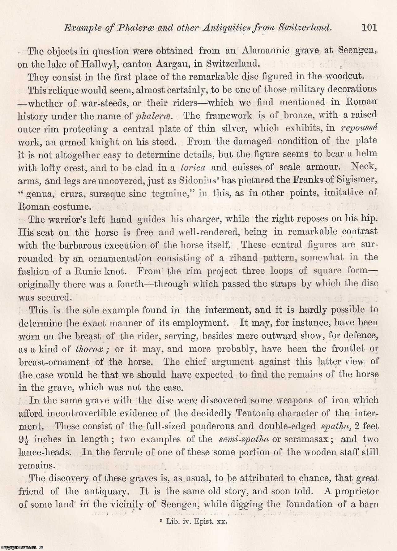 William Michael Wylie, Esq., F.S.A. (Communicated by) - On an example of Phalerae and other Antiquities from Switzerland. An uncommon original article from the journal Archaeologia, 1873.