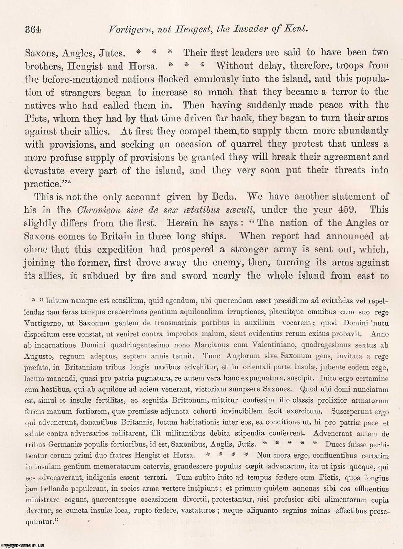 Henry Charles Coote, Esq., F.S.A. - Vortigern, not Hengest, the Invader of Kent. An uncommon original article from the journal Archaeologia, 1873.