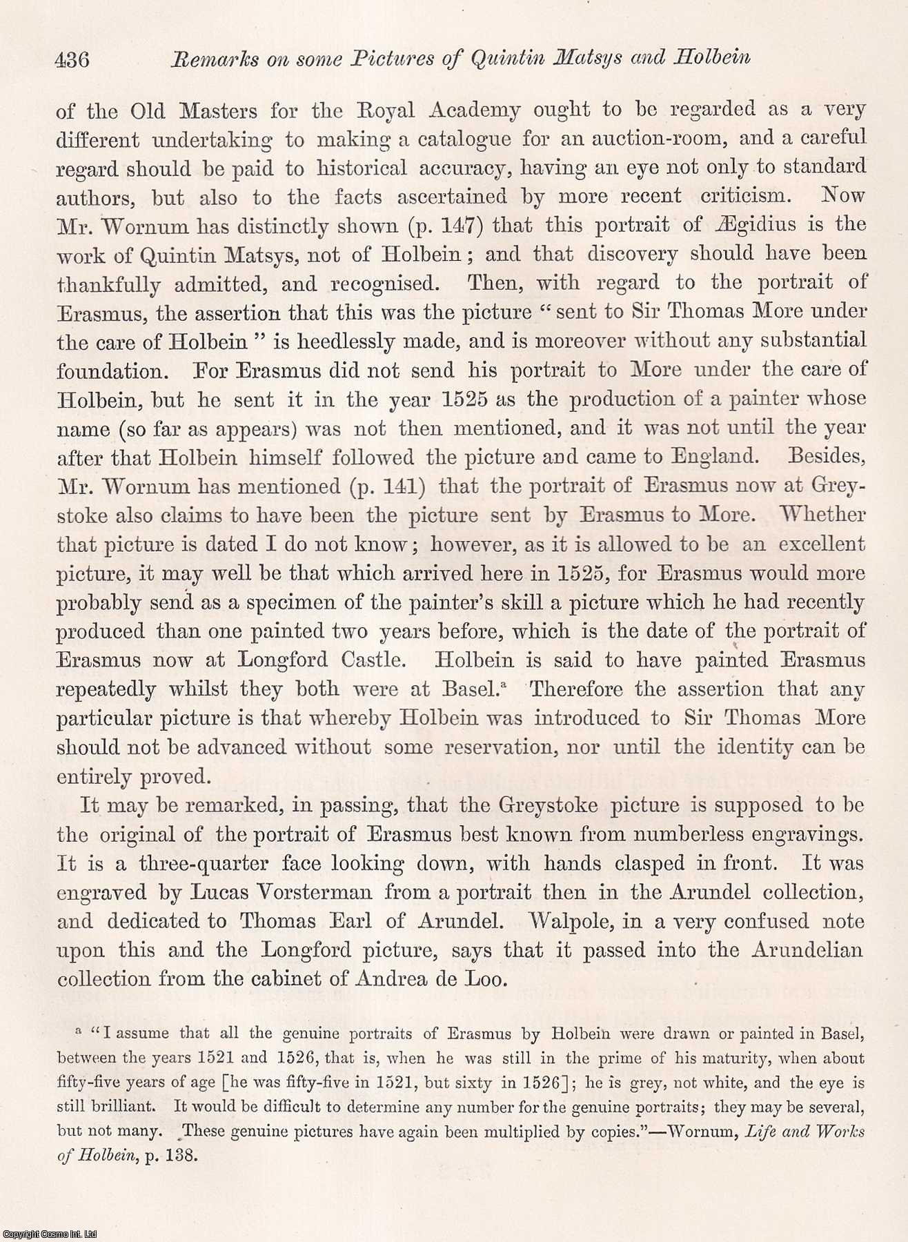 John Gough Nichols, Esq., F.S.A. - Pictures of Quintin Matsys and Holbein, in the Collection of the Earl of Radnor, at Longford Castle. An uncommon original article from the journal Archaeologia, 1873.