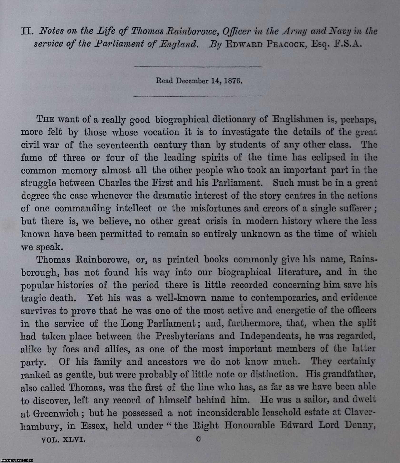 EDWARD PEACOCK, ESQ., F.S.A. - Notes on the Life of Thomas Rainborrowe, Officer in the Army and Navy in the service of the Parliament of England. A rare original article from the journal Archaeologia, 1881.