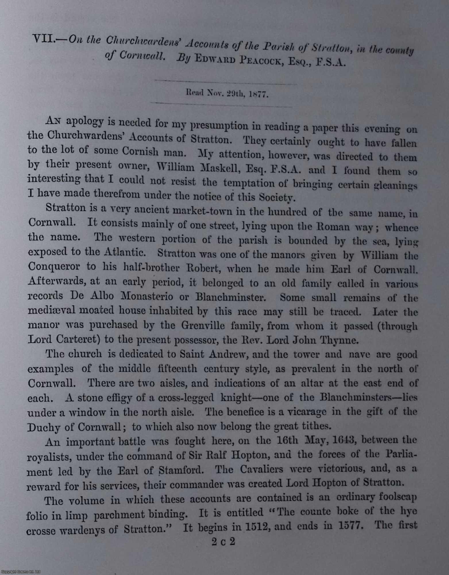 Edward Peacock, Esq., F.S.A. - On the Churchwardens' Accounts of the Parish of Stratton, in the county of Cornwall. A rare original article from the journal Archaeologia, 1880.