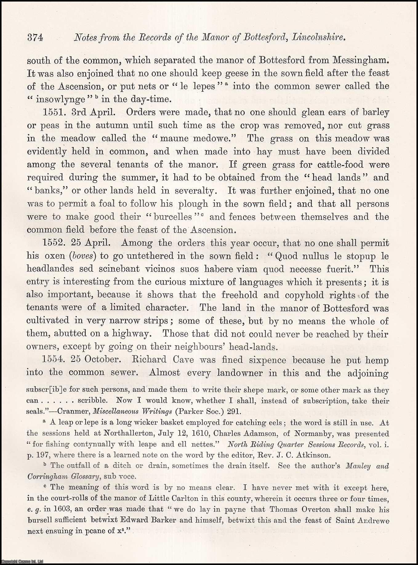 Edward Peacock, F.S.A. - Notes from the Records of the Manor of Bottesford, Lincolnshire. An uncommon original article from the journal Archaeologia, 1887.