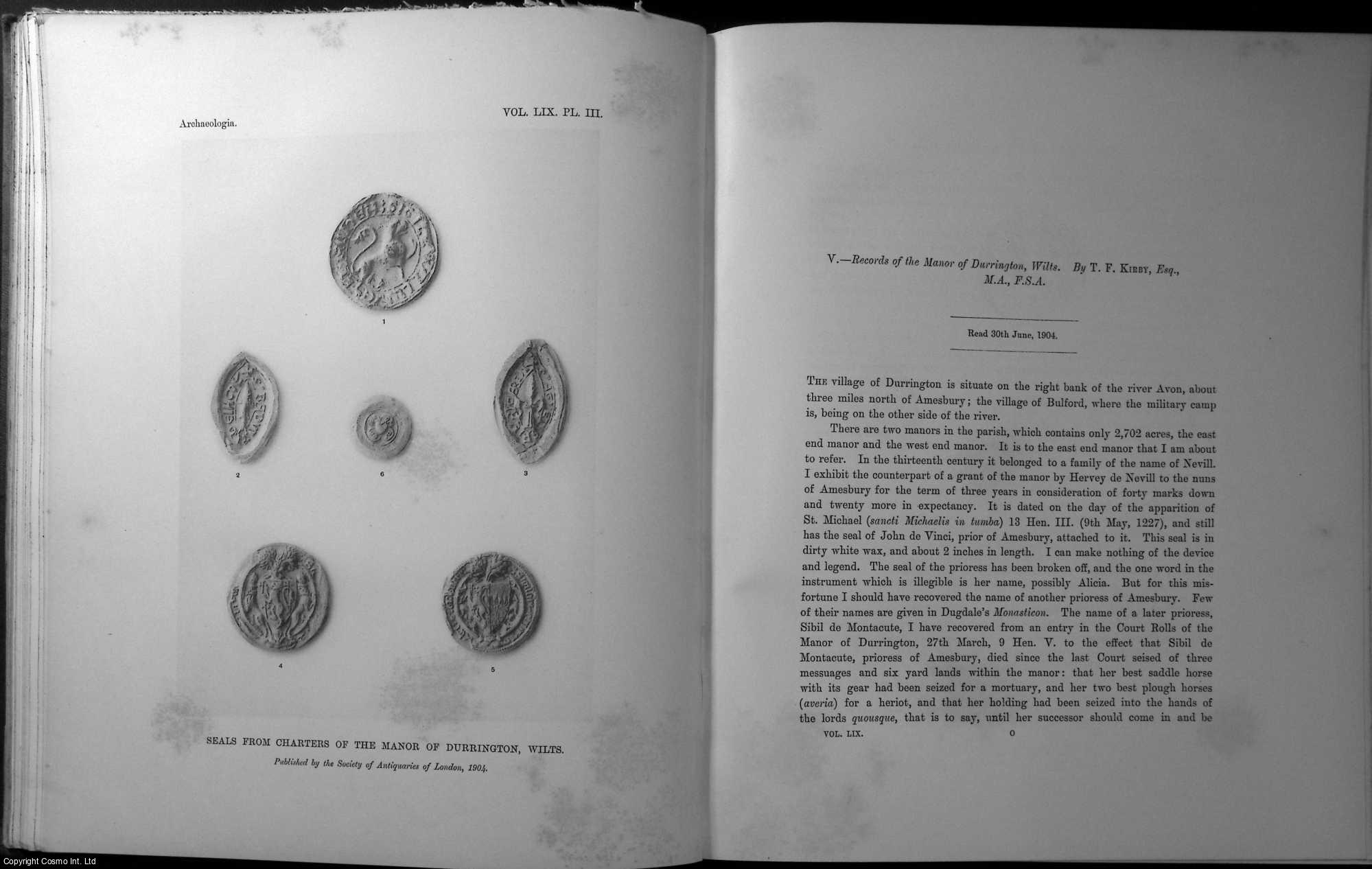 T.F. KIRBY, ESQ., M.A., F.S.A. - Records of the Manor of Durrington, Wilts. A rare original article from the journal Archaeologia, 1904.