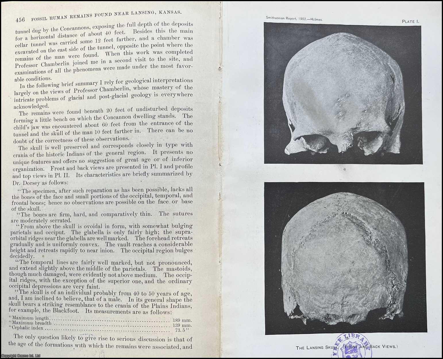 HUMAN FOSSILS - Fossil Human Remains Found Near Lansing, Kansas. By W.H. Holmes. An original article from the Report of the Smithsonian Institution, 1902.