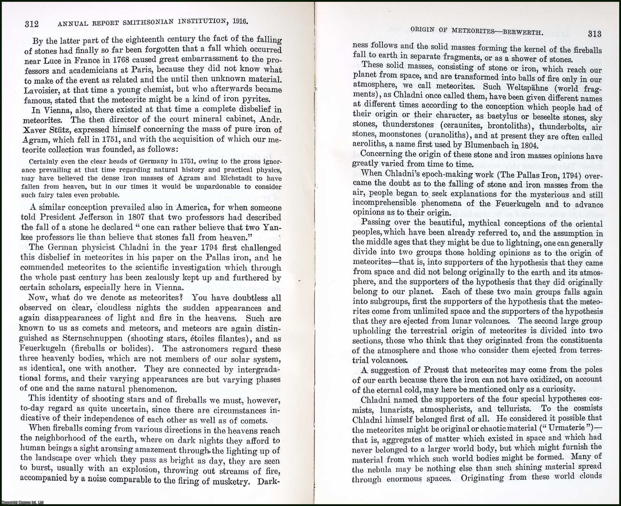 BERWERTH, FRIEDRICH - Origin of Meteorites.