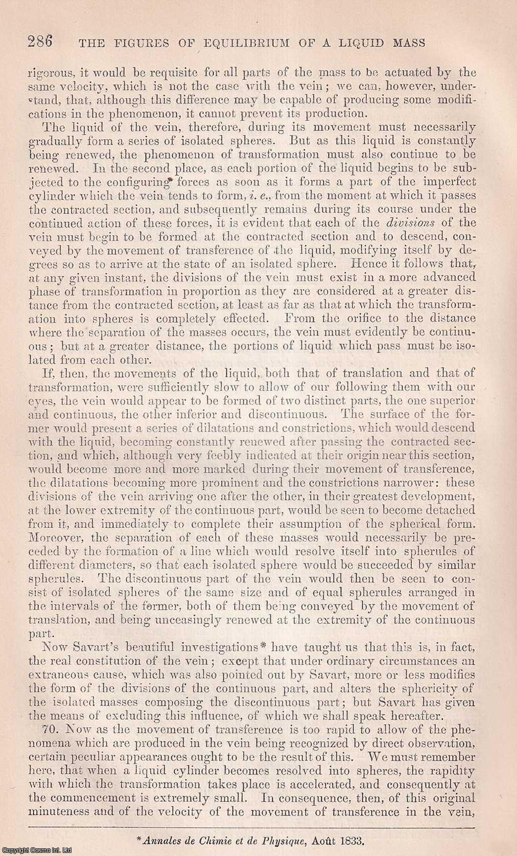 PLATEAU, J. - Figures of Equilibrium of a Liquid Mass withdrawn from The Action of Gravity. An original article from the Report of the Smithsonian Institution, 1864.