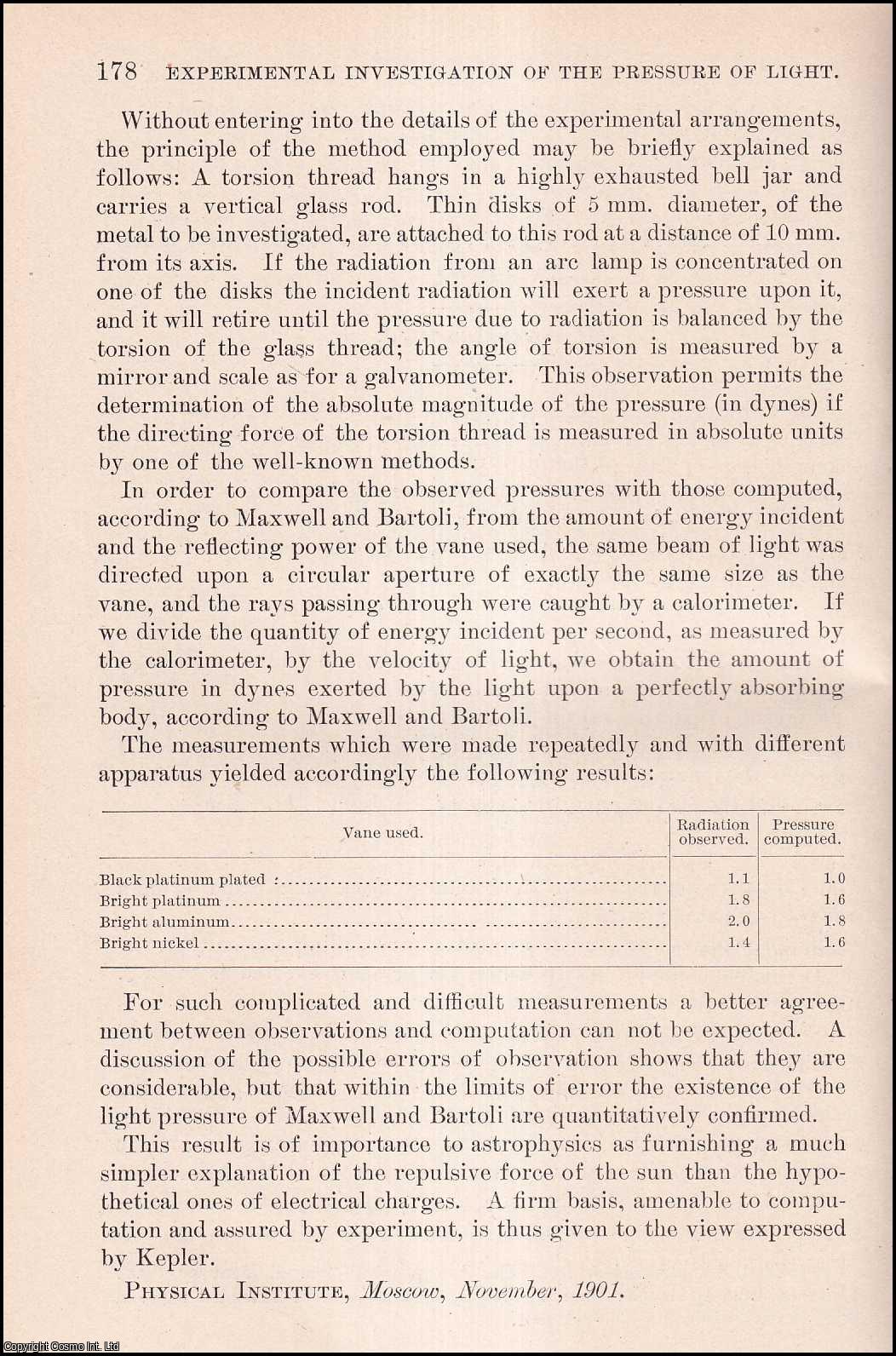 Peter Lebedew - Experimental Investigation of The Pressure of Light. An original article from the Report of the Smithsonian Institution, 1902.