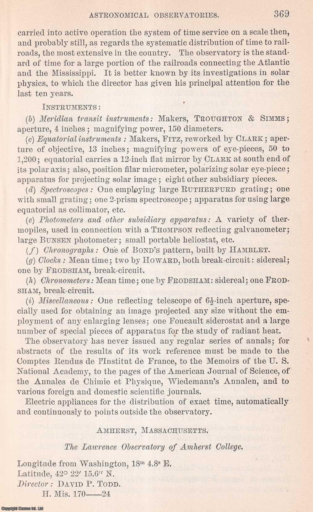 BOEHMER, GEORGE H. - Report on Astronomical Observatories. An original article from the Report of the Smithsonian Institution, 1886.
